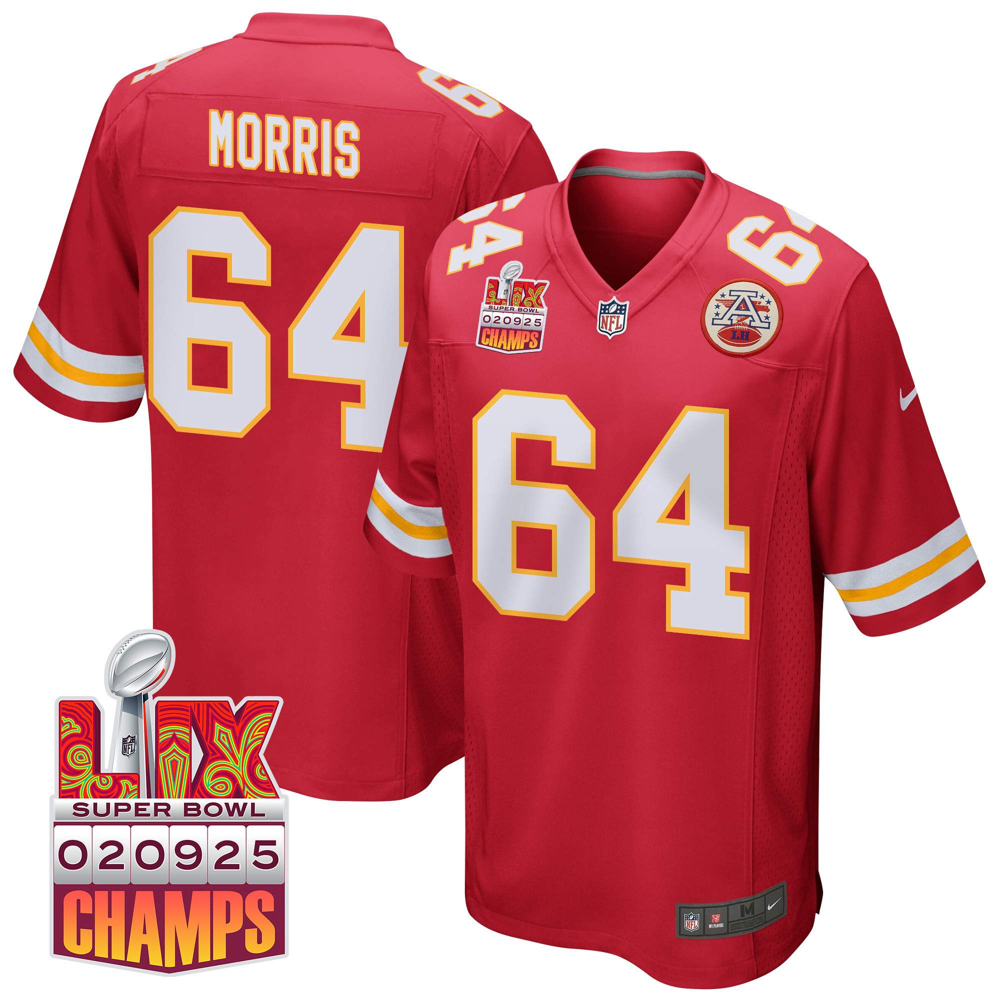 Wanya Morris 64 Kansas City Chiefs Super Bowl LIX Champions Patch Game Red NFL Jersey Men's