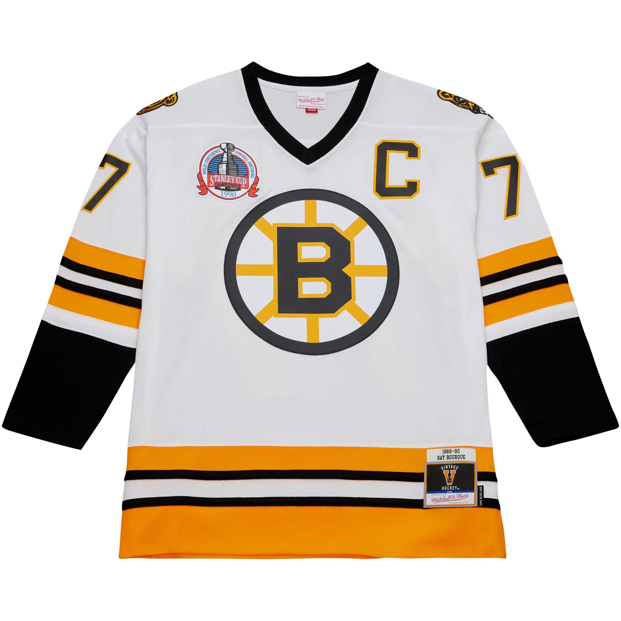 Boston Bruins Ray Bourque Mitchell Ness White Captain Patch 1989/90 Blue Line Player NHL Jersey Men's