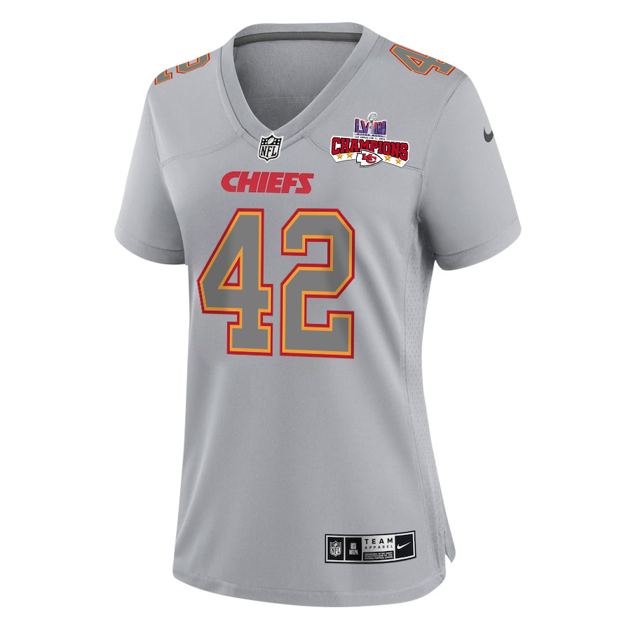 Tyree Gillespie 42 Kansas City Chiefs Super Bowl LVIII Champions 4 Stars Patch Atmosphere Fashion Game Gray NFL Jersey Women's