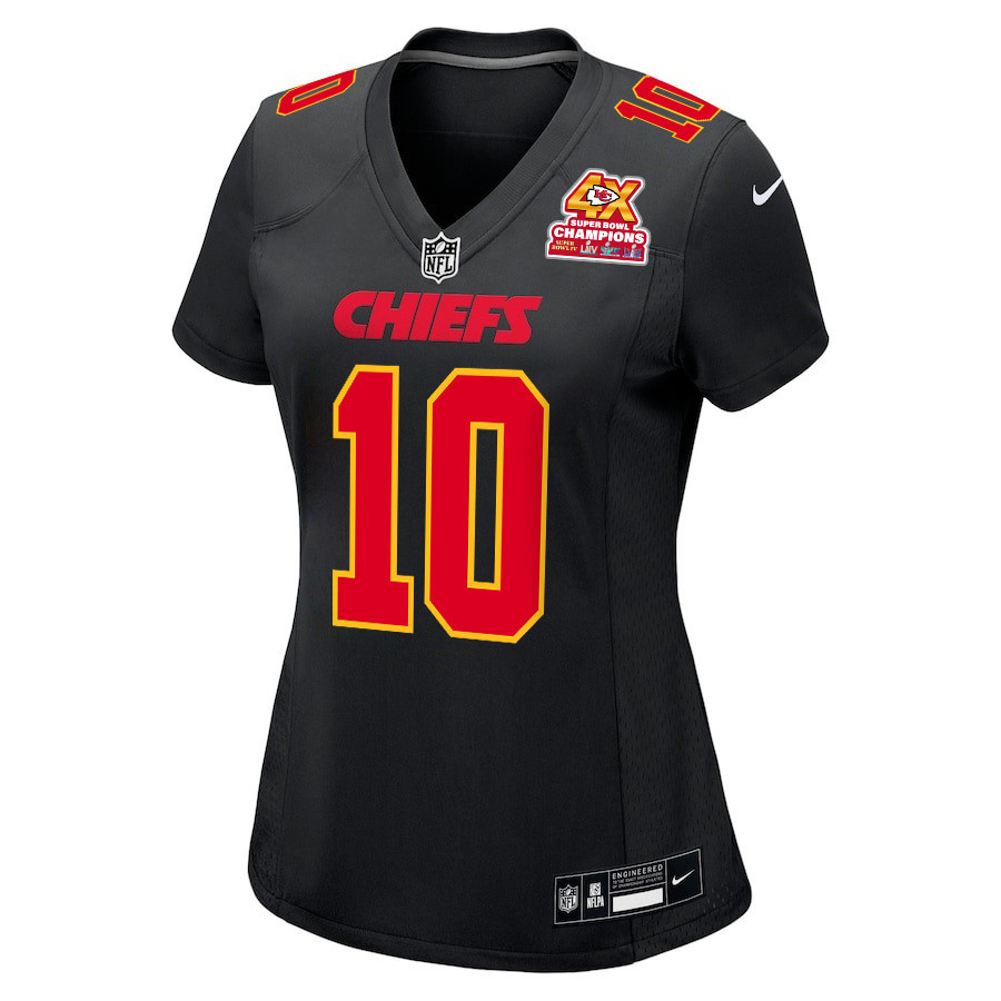 Isiah Pacheco 10 Kansas City Chiefs Super Bowl LVIII Champions 4X Fashion Game Carbon Black NFL Jersey Women's
