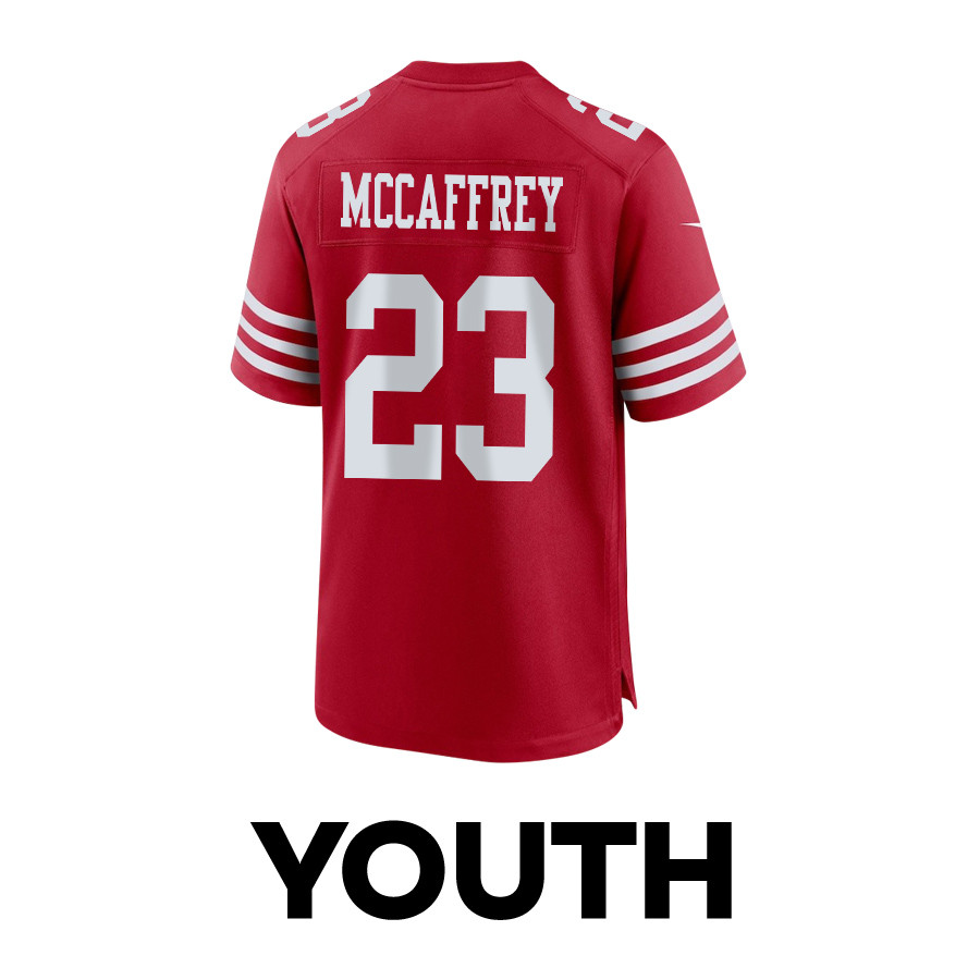 Christian McCaffrey 23 San Francisco 49ers Throwing Ball Game Scarlet NFL Jersey Youth