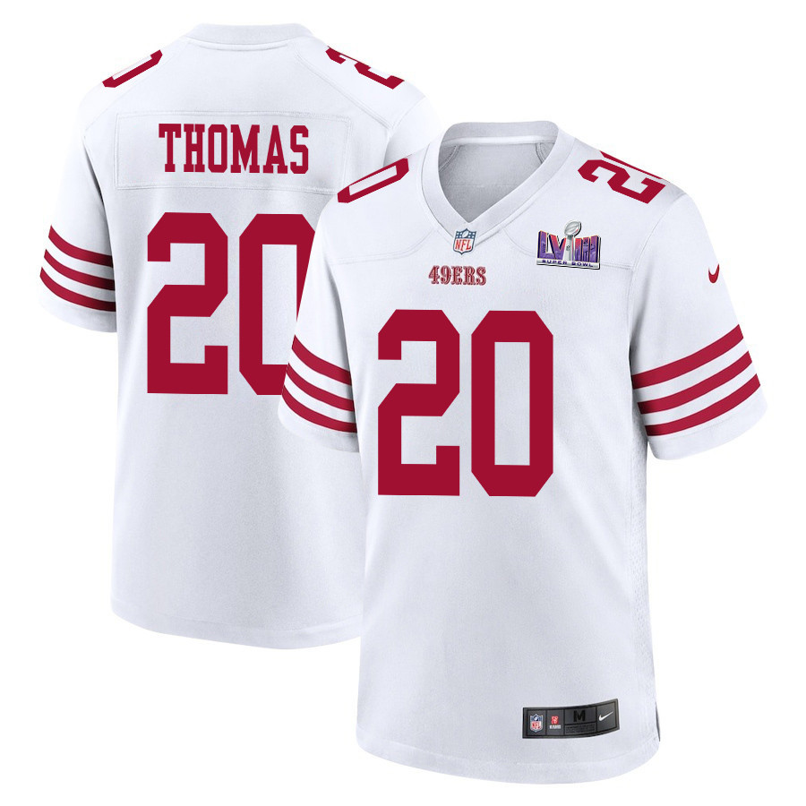 Ambry Thomas 20 San Francisco 49ers Super Bowl LVIII Patch Game White NFL Jersey Men's