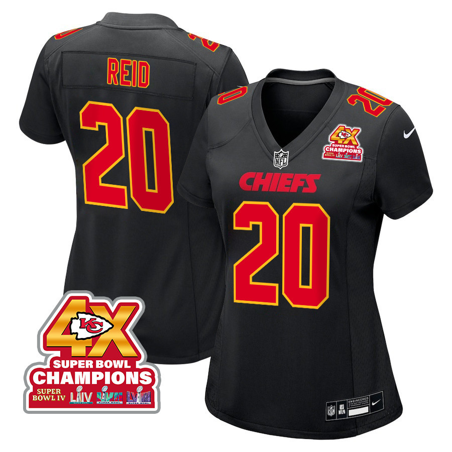 Justin Reid 20 Kansas City Chiefs Super Bowl LVIII Champions 4X Fashion Game Carbon Black NFL Jersey Women's