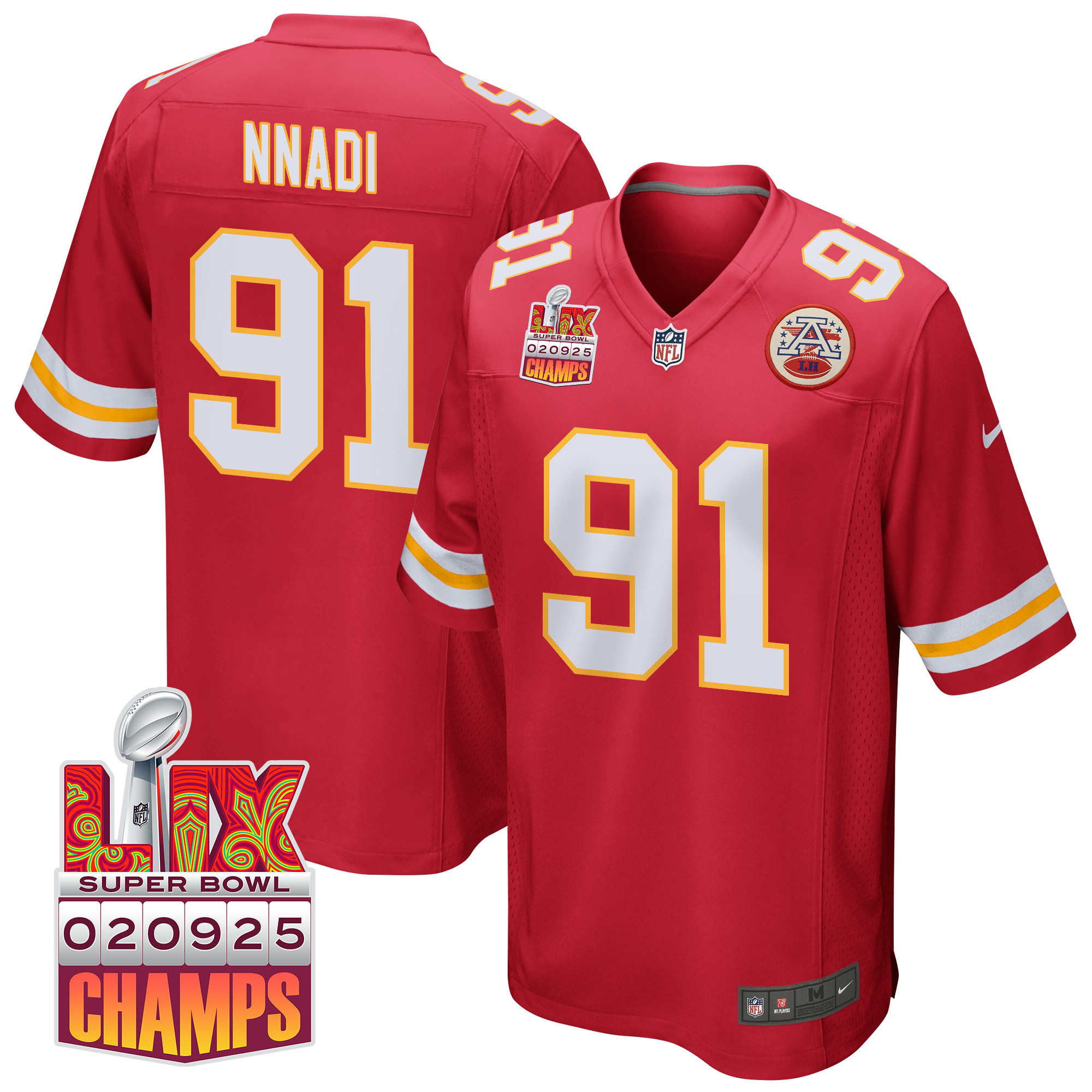 Derrick Nnadi 91 Kansas City Chiefs Super Bowl LIX Champions Patch Game Red NFL Jersey Men's