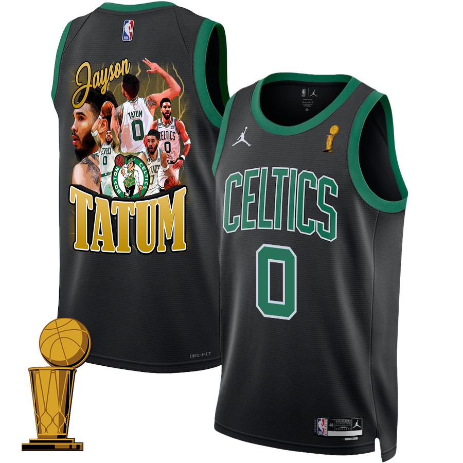 Jayson Tatum 0 Best Moments At Boston Celtics 2024 Statement Edition Final Champions Patch Black NBA Jersey Men's