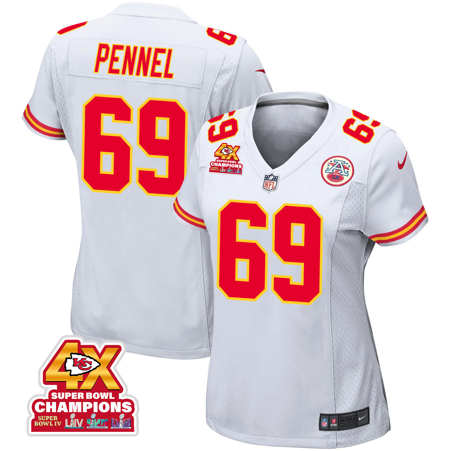 Mike Pennel 69 Kansas City Chiefs Super Bowl LVIII Champions 4X Game White NFL Jersey Women's