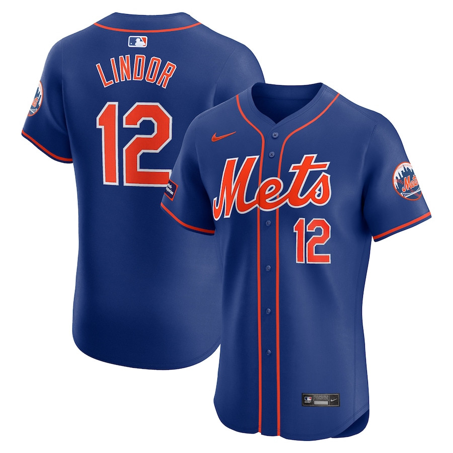 Francisco Lindor 12 New York Mets Alternate Elite Sponsor Patch Player Royal MLB Jersey Men's