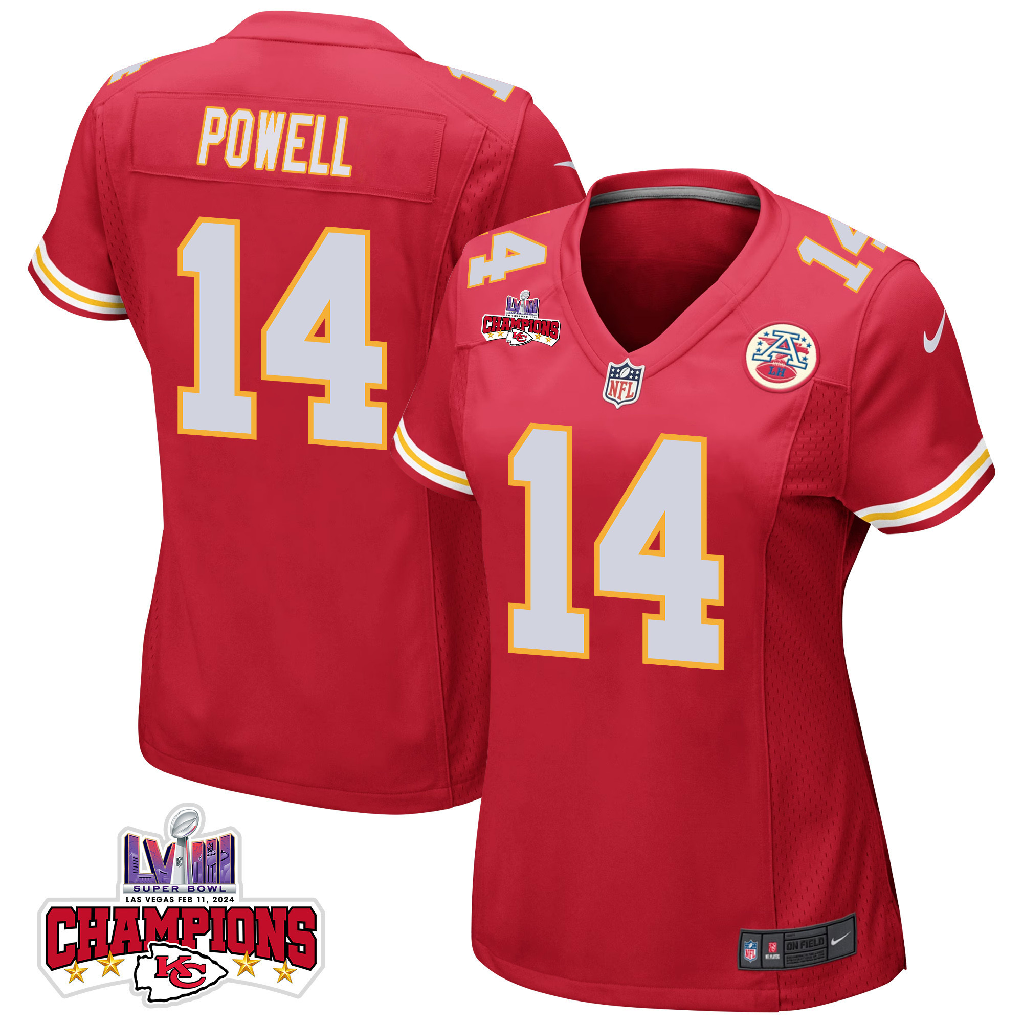 Cornell Powell 14 Kansas City Chiefs Super Bowl LVIII Champions 4 Stars Patch Game Red NFL Jersey Women's