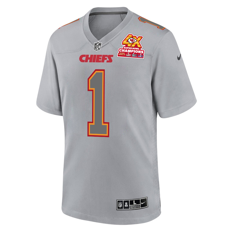 Jerick McKinnon 1 Kansas City Chiefs Super Bowl LVIII Champions 4X Atmosphere Fashion Game Gray NFL Jersey Men's