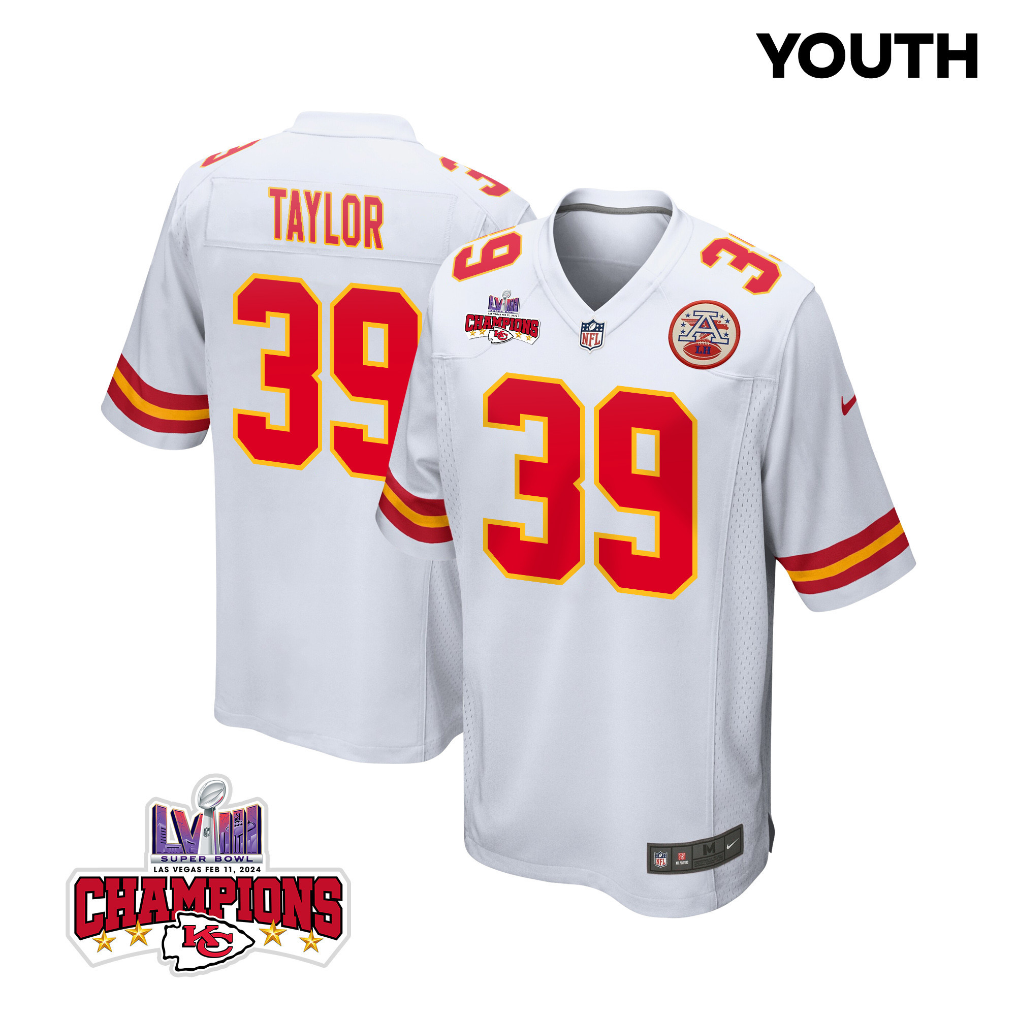 Keith Taylor 39 Kansas City Chiefs Super Bowl LVIII Champions 4 Stars Patch Game White NFL Jersey Youth