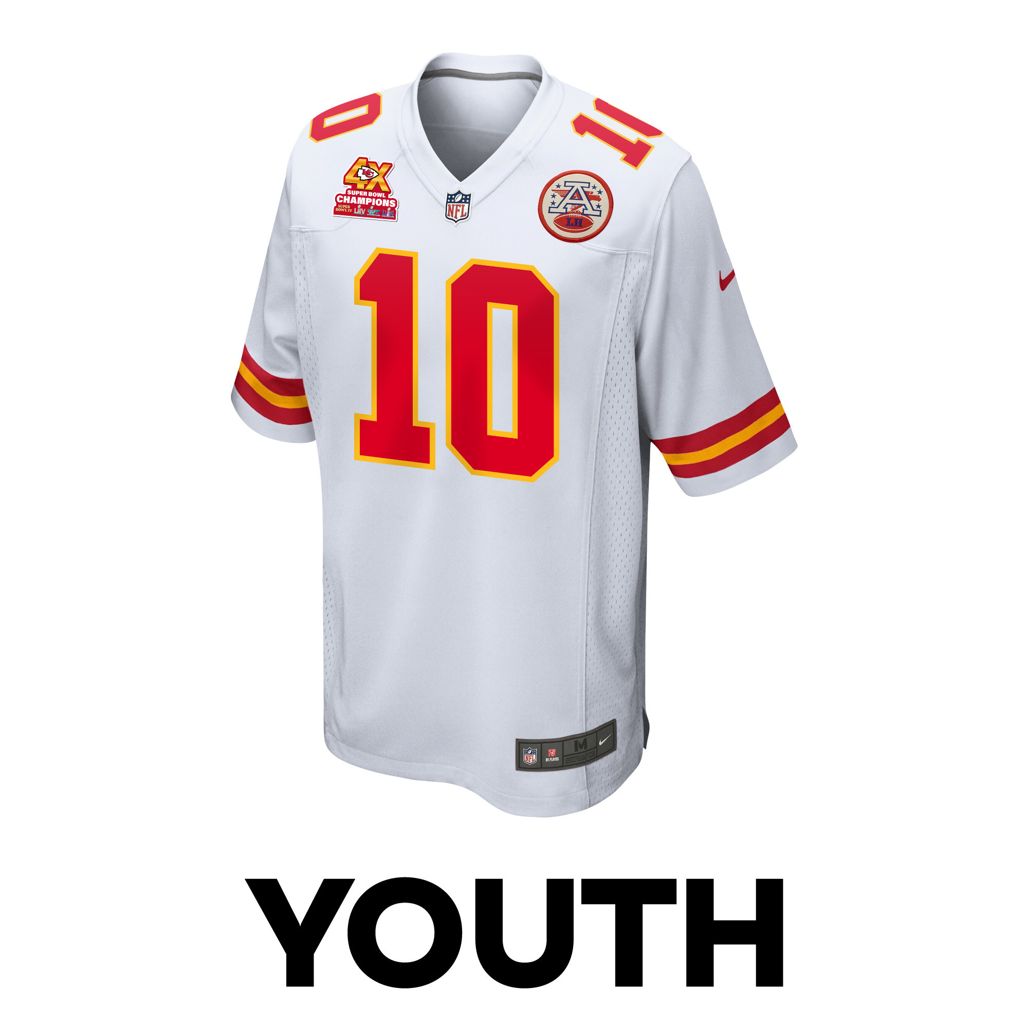 Isiah Pacheco 10 Kansas City Chiefs Super Bowl LVIII Champions 4X Game White NFL Jersey Youth