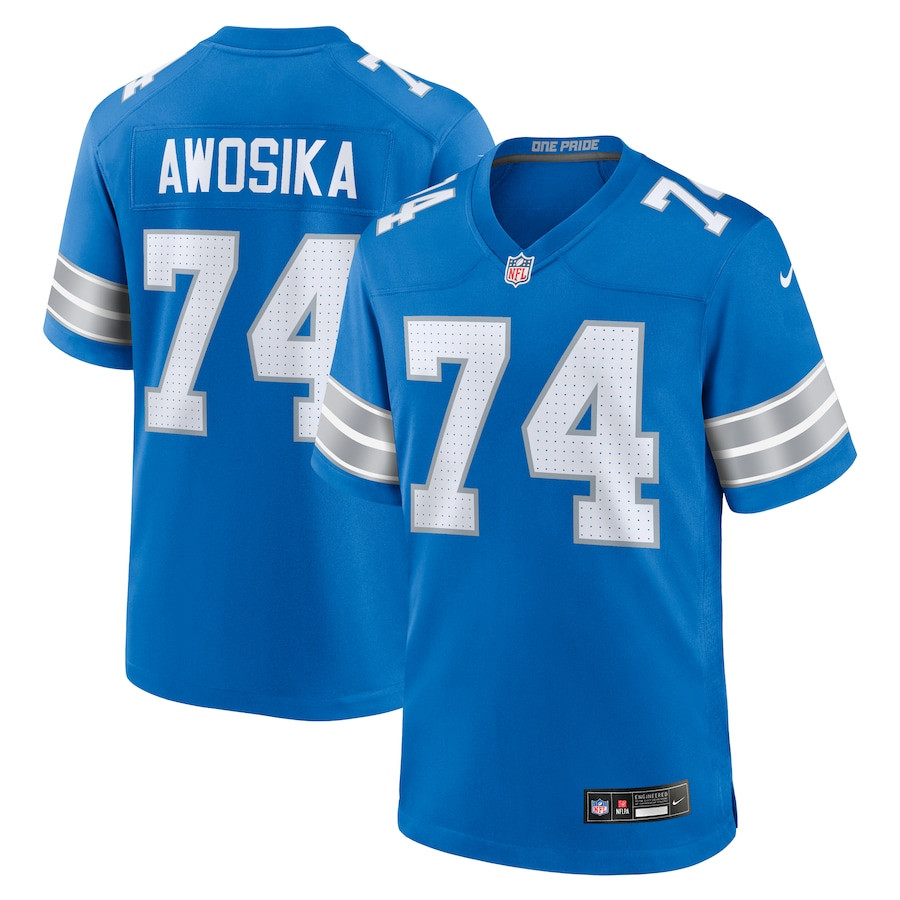 Kayode Awosika 74 Detroit Lions Team Game Blue NFL Jersey Men's