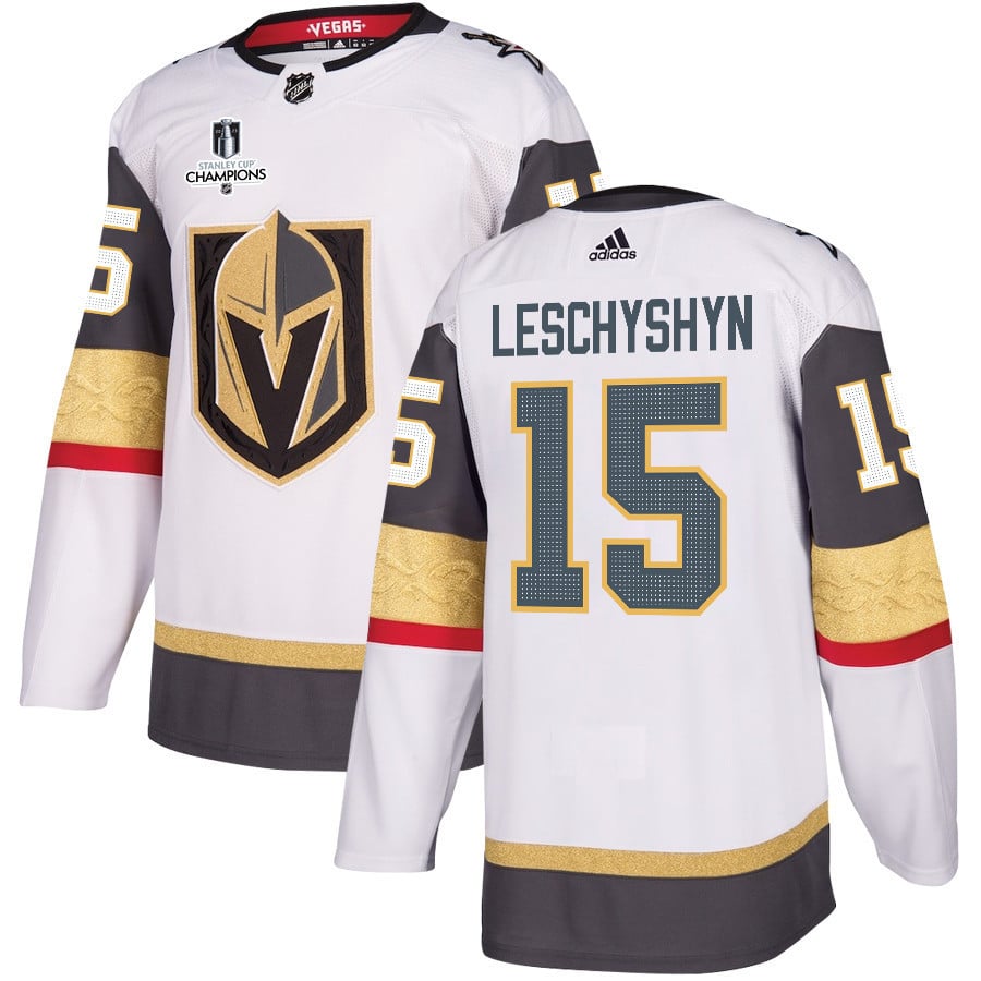Jake Leschyshyn 15 Vegas Golden Knights Stanley Cup 2023 Champions Patch Away Breakaway White NHL Jersey Men's