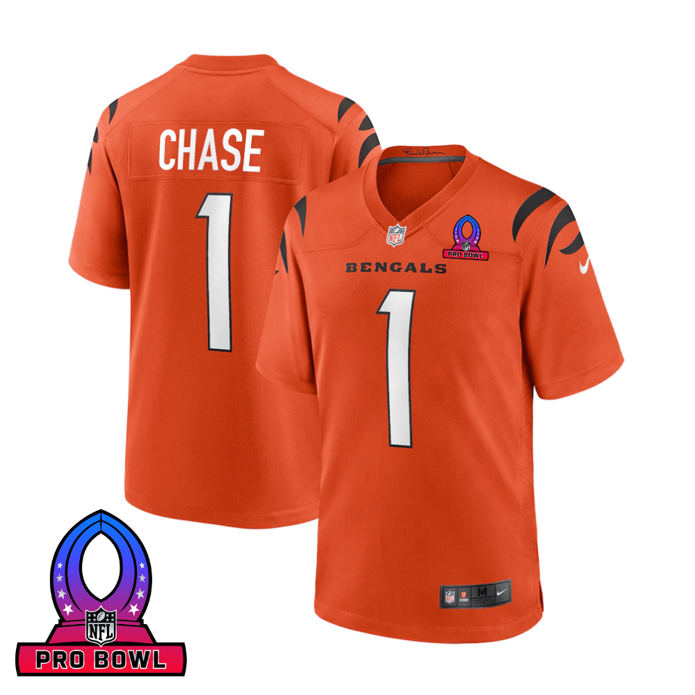 Ja'Marr Chase 1 Cincinnati Bengals 2025 Pro Bowl Patch Game Orange NFL Jersey Men's
