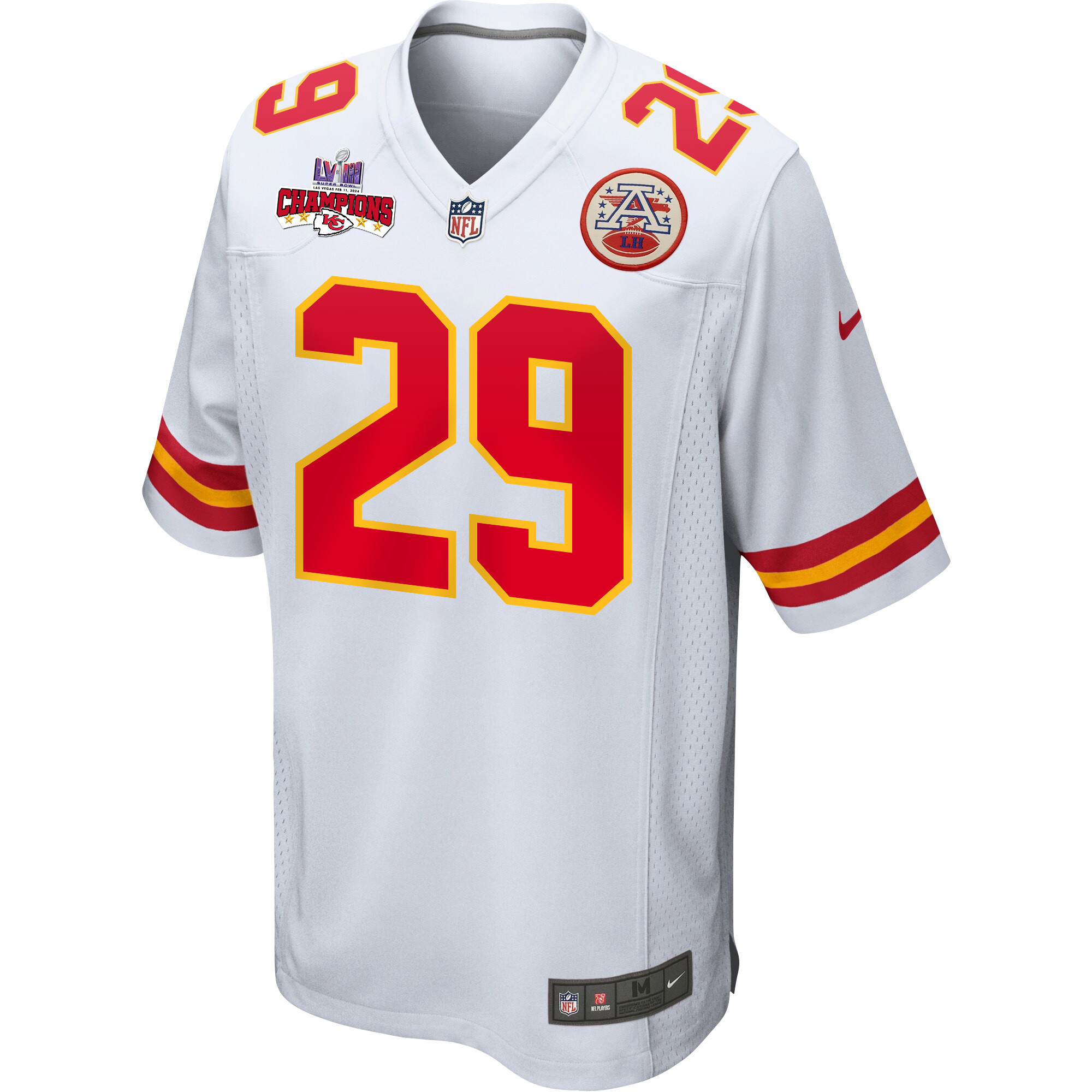 La'Mical Perine 29 Kansas City Chiefs Super Bowl LVIII Champions 4 Stars Patch Game White NFL Jersey Men's