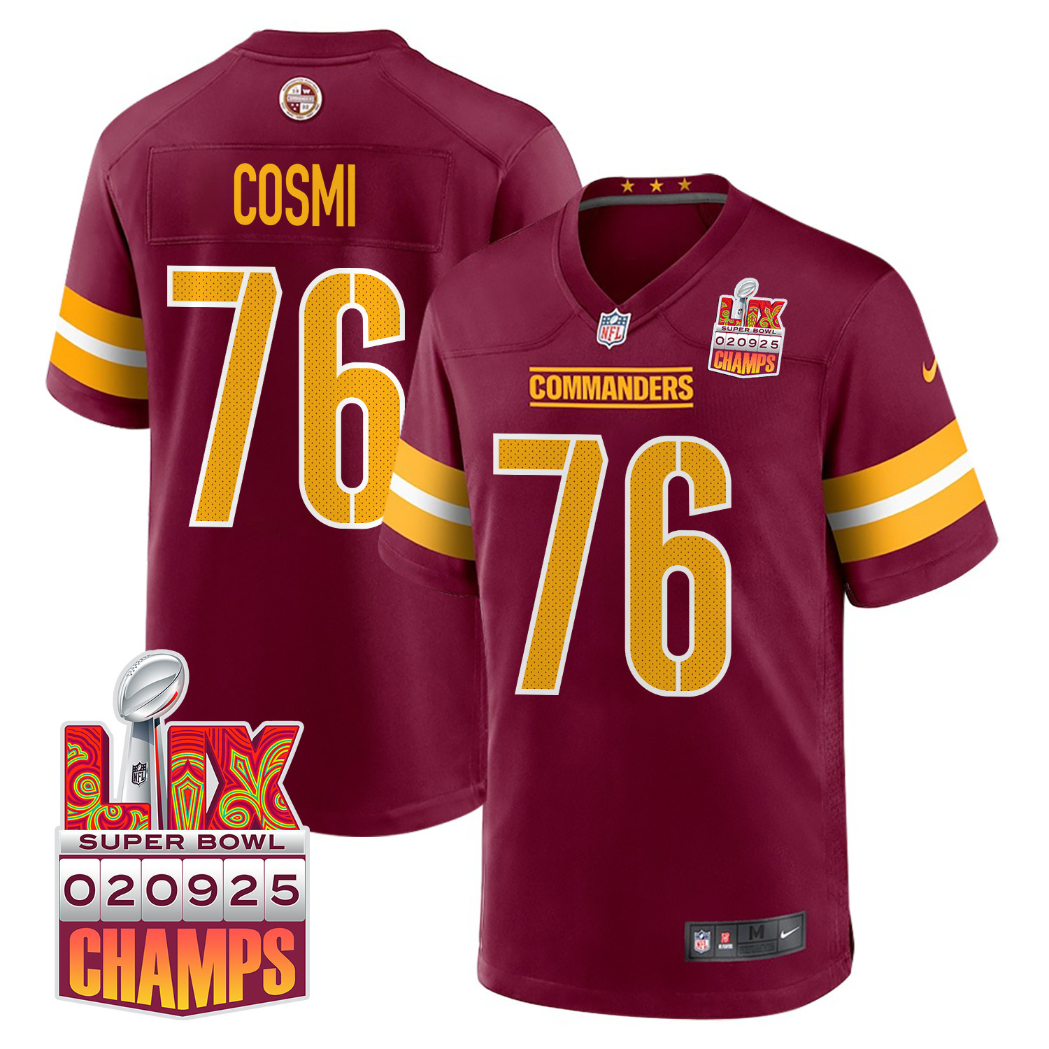 Sam Cosmi 76 Washington Commanders Super Bowl LIX Champions Patch Game Burgundy NFL Jersey Men's