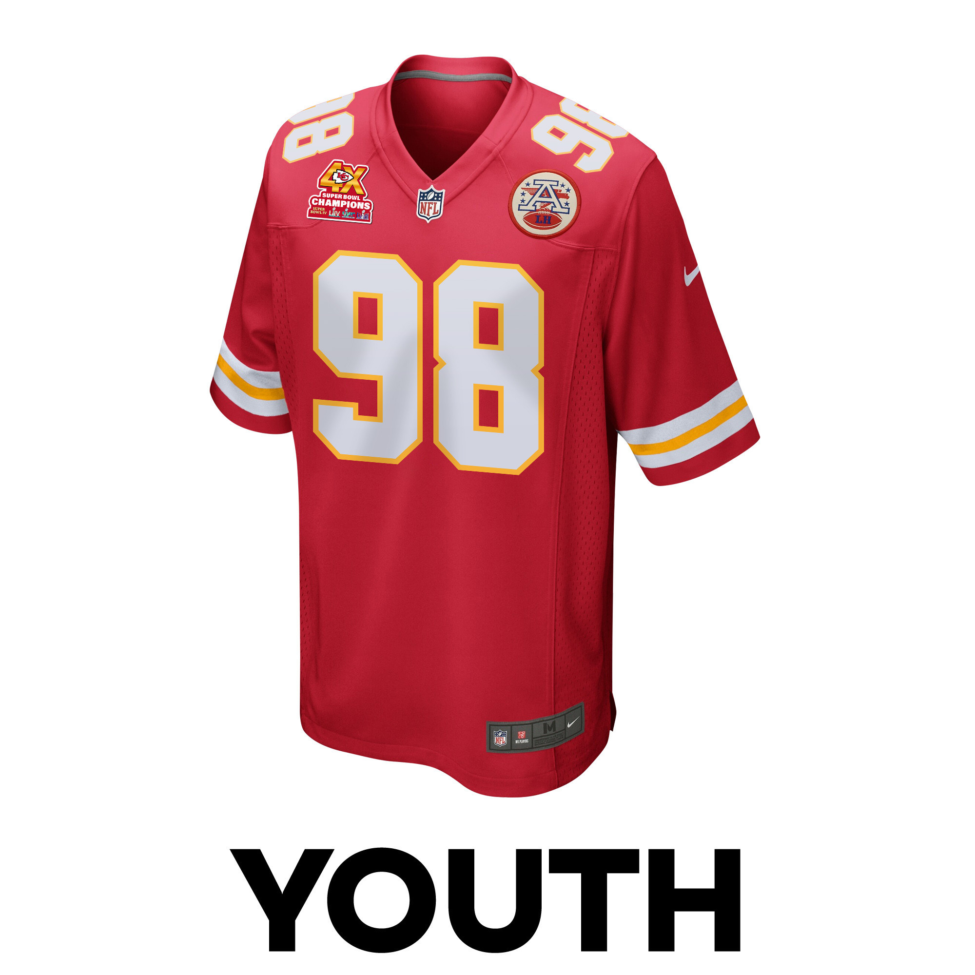 Tershawn Wharton 98 Kansas City Chiefs Super Bowl LVIII Champions 4X Game Red NFL Jersey Youth
