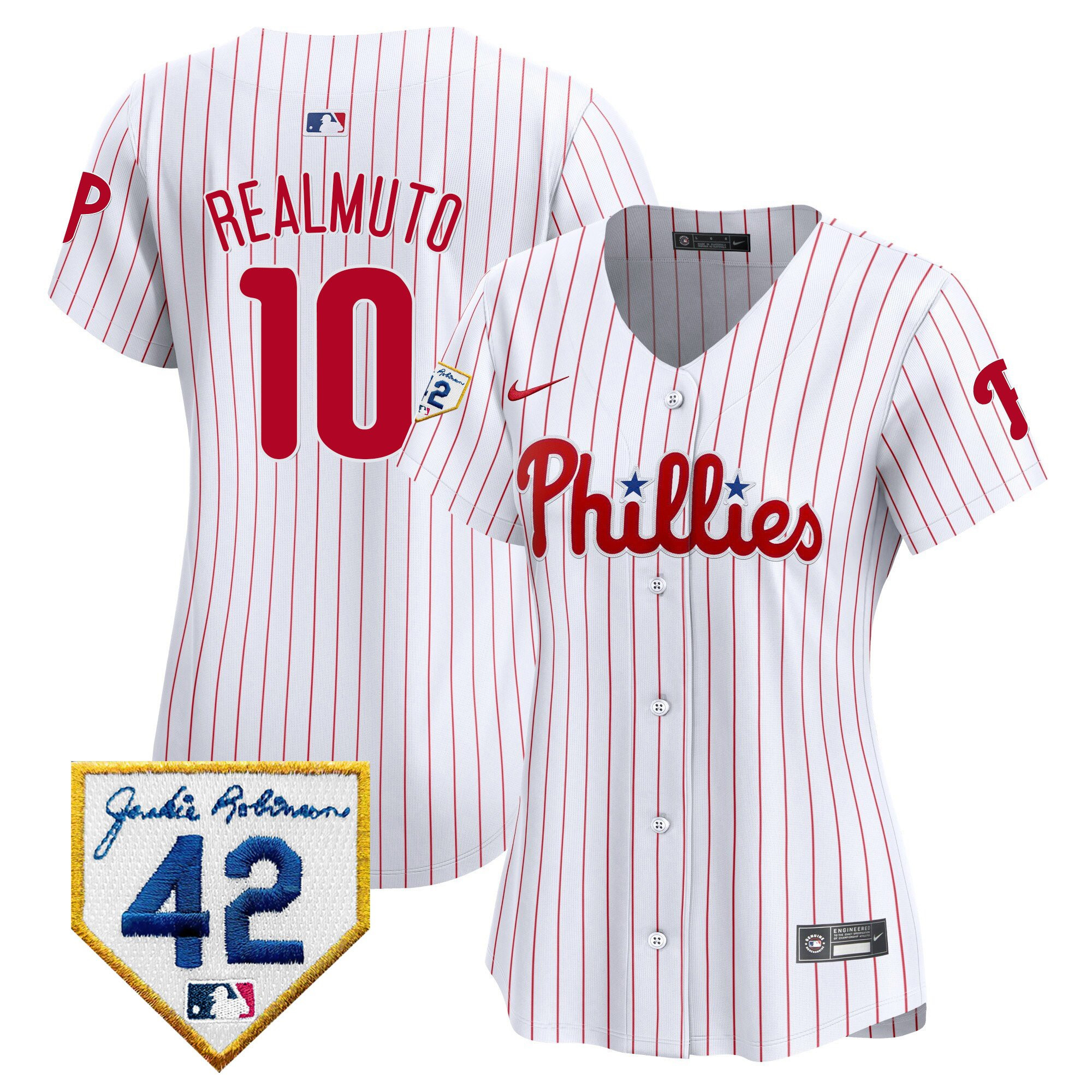 J.T. Realmuto 10 Philadelphia Phillies 2024 Jackie Robinson Patch White MLB Jersey Women's