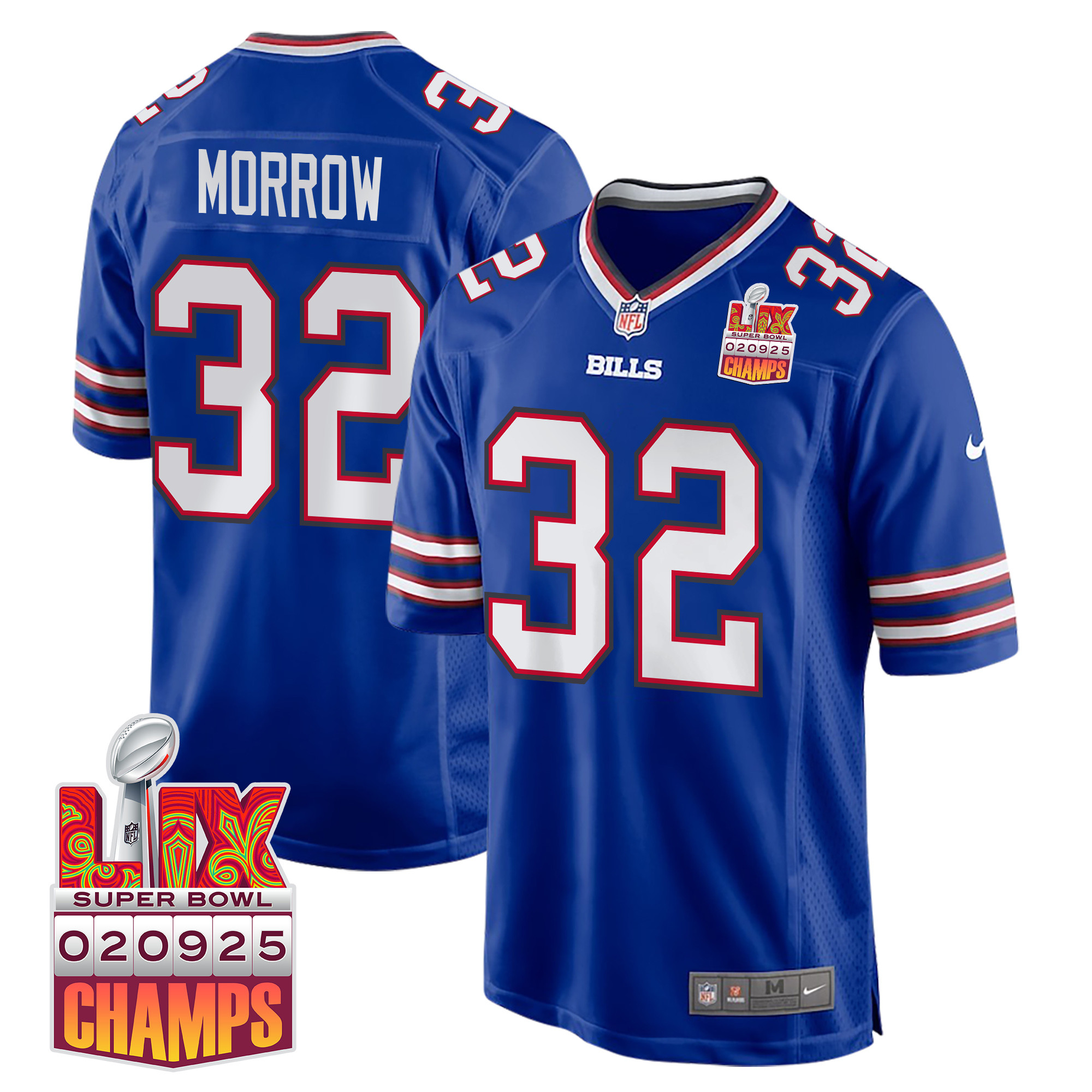 Nicholas Morrow 32 Buffalo Bills Super Bowl LIX Champions Patch Game Royal NFL Jersey Men's