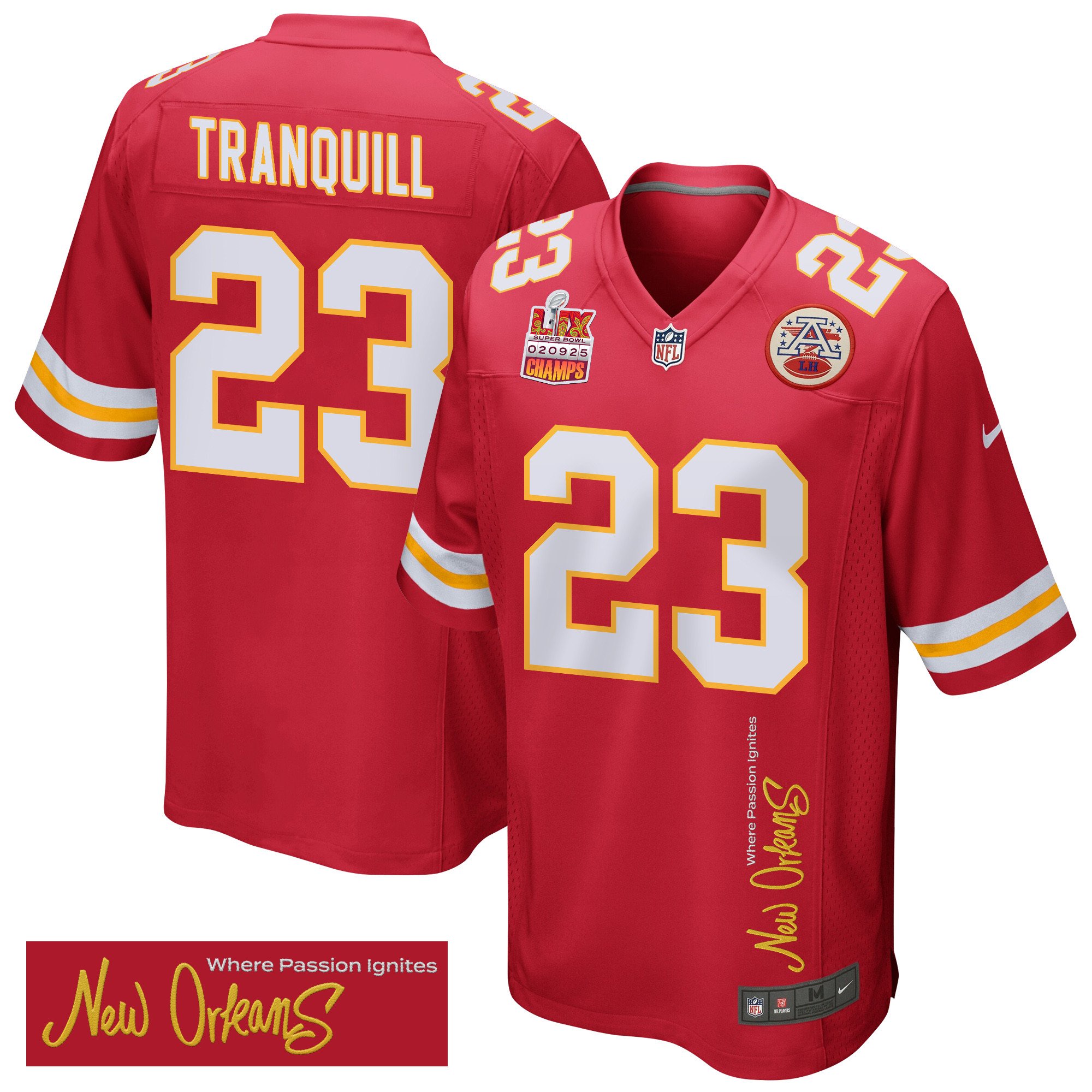 Drue Tranquill 23 Kansas City Chiefs Super Bowl LIX Champions Patch New Orleans Where Passion Ignites' EMBROIDERED Game Red NFL Jersey Men's