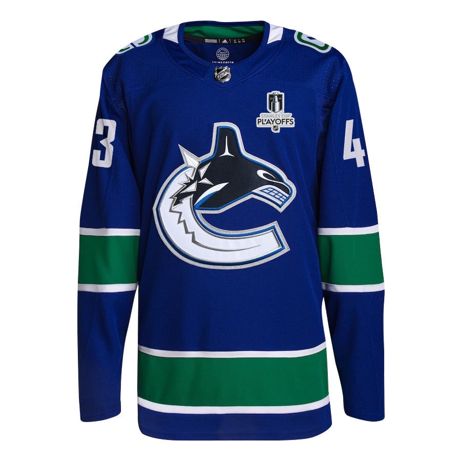 Quinn Hughes 43 Vancouver Canucks 2024 Playoffs Patch Home Blue NHL Jersey Men's