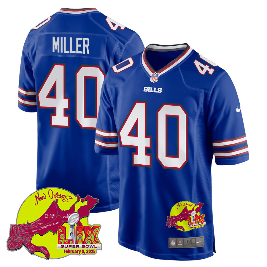 Von Miller 40 Buffalo Bills Super Bowl LIX New Orleans Patch Game Royal NFL Jersey Men's