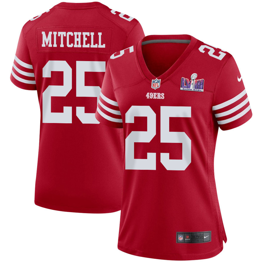 Elijah Mitchell 25 San Francisco 49ers Super Bowl LVIII Patch Game Scarlet NFL Jersey Women's