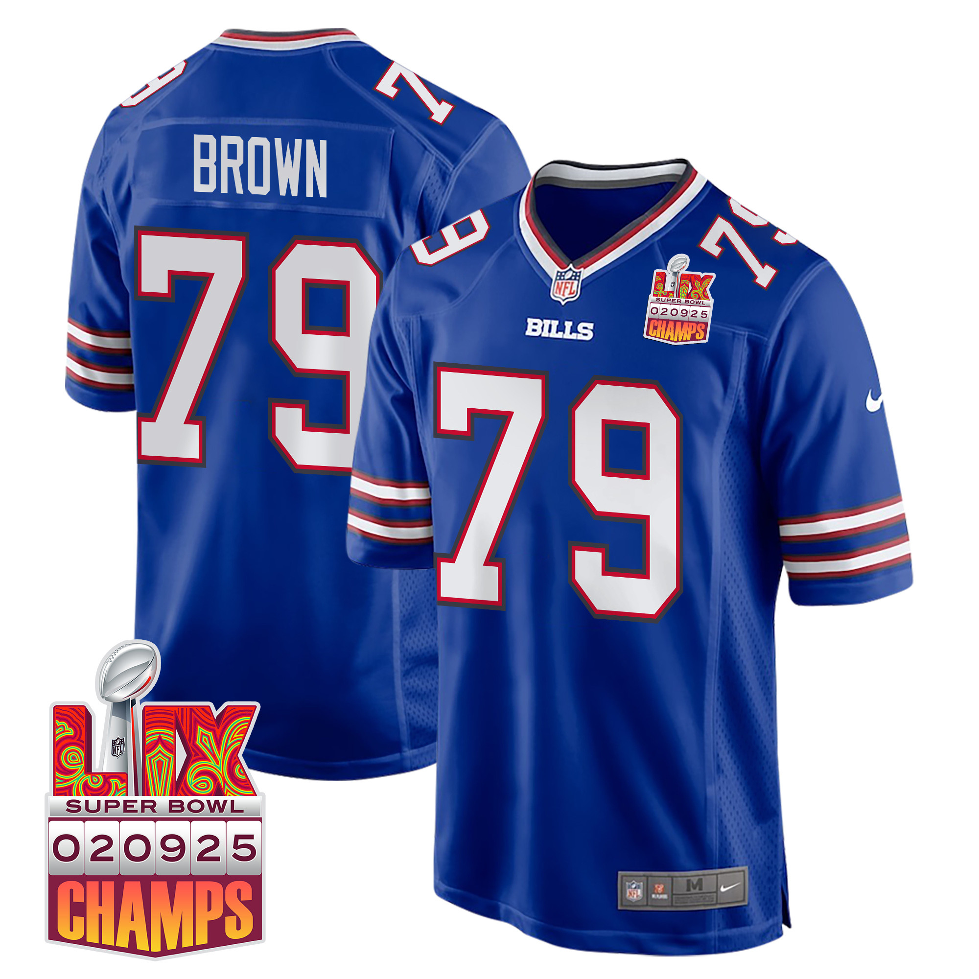Spencer Brown 79 Buffalo Bills Super Bowl LIX Champions Patch Game Royal NFL Jersey Men's