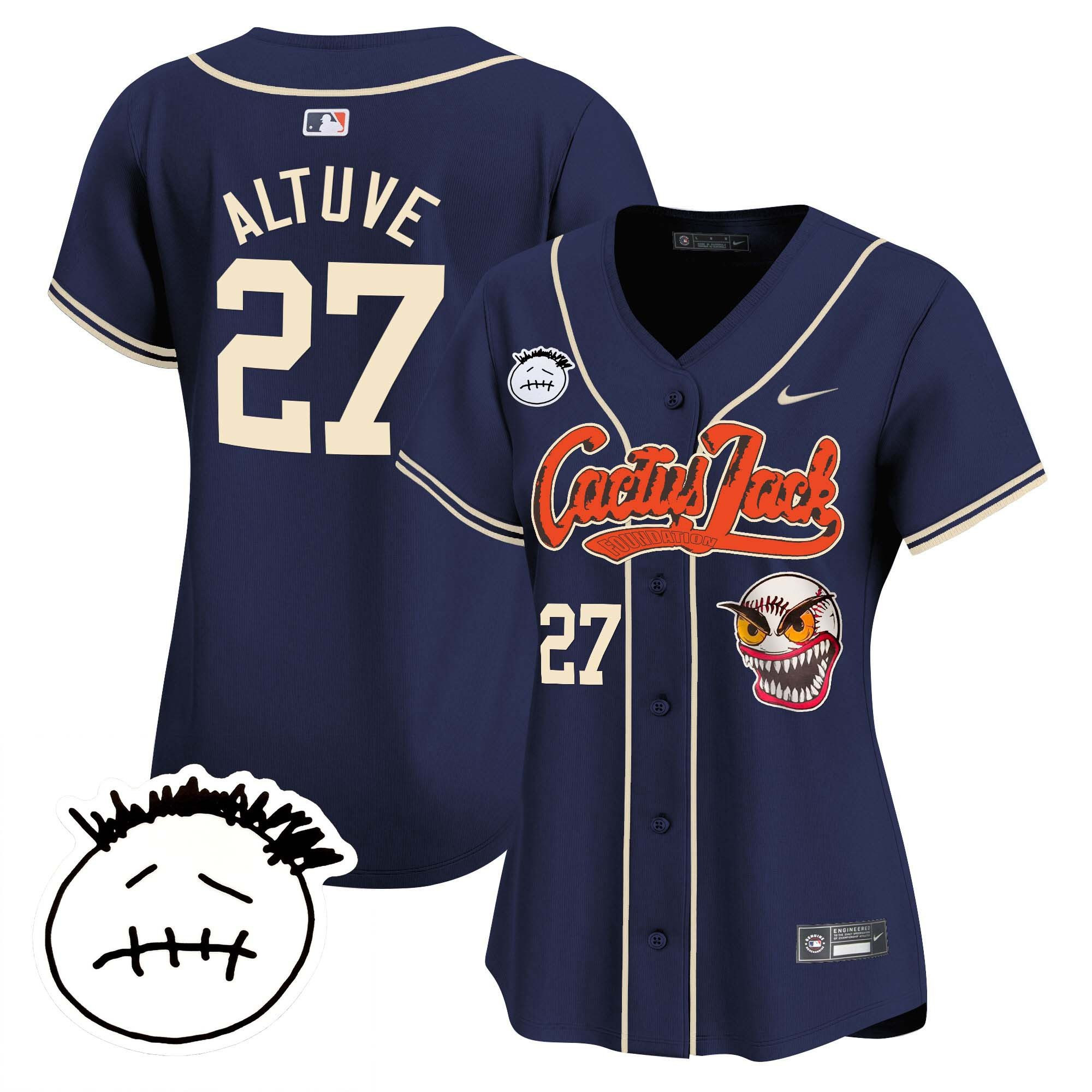 Jose Altuve 27 Houston Astros Cactus Jack Patch V3 Navy MLB Jersey Women's