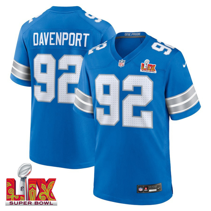 Marcus Davenport #92 Detroit Lions Super Bowl LIX Blue NFL Jersey Men's