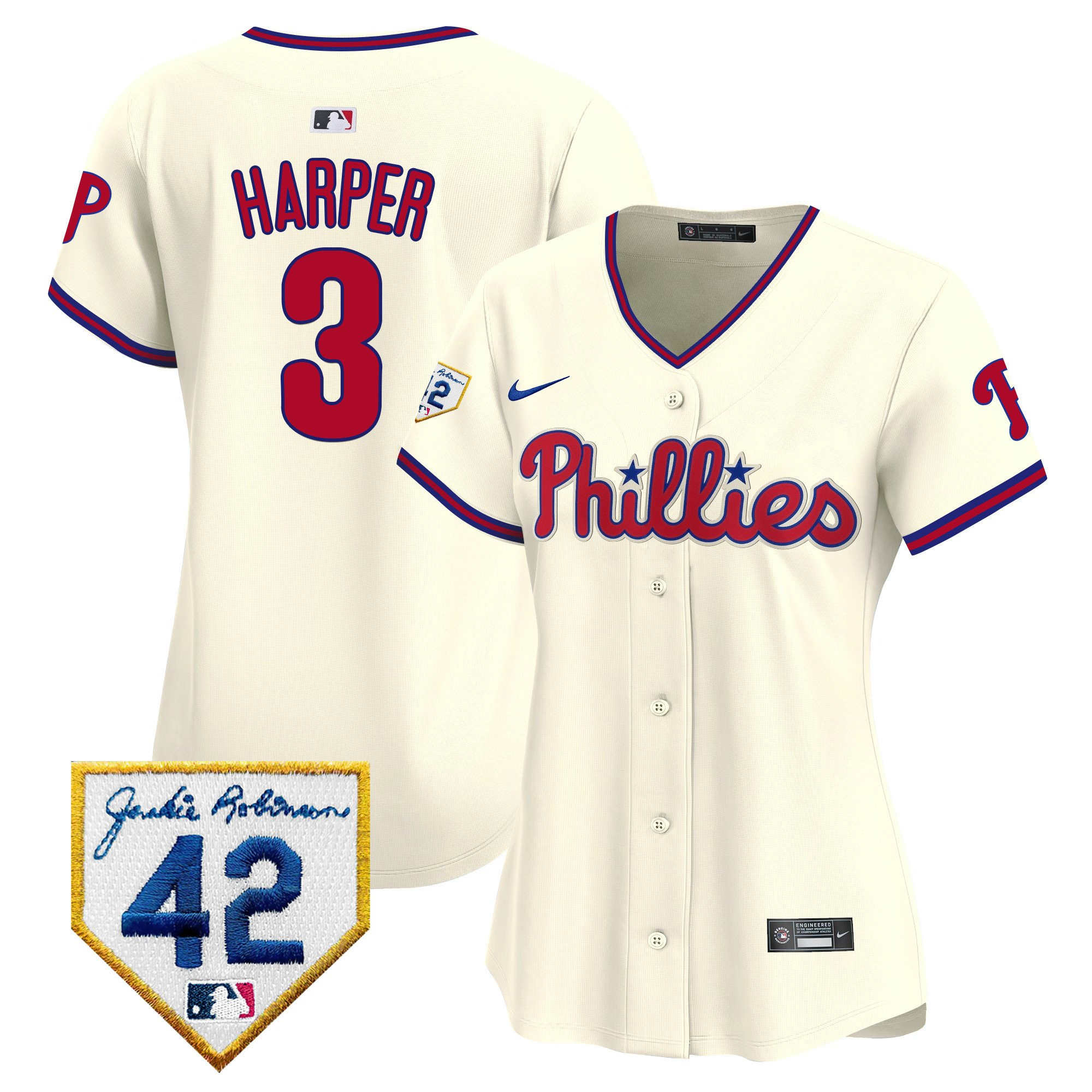 Bryce Harper 3 Philadelphia Phillies 2024 Jackie Robinson Patch Cream MLB Jersey Women's