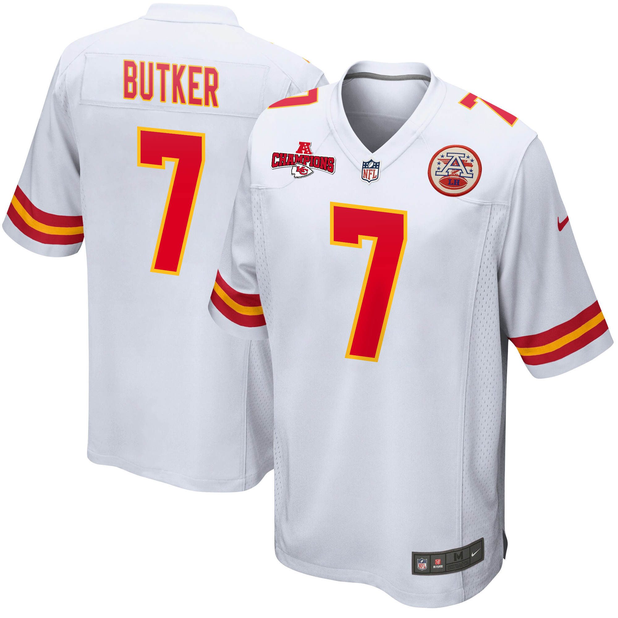 Harrison Butker 7 Kansas City Chiefs AFC Champions Patch Game White NFL Jersey Men's