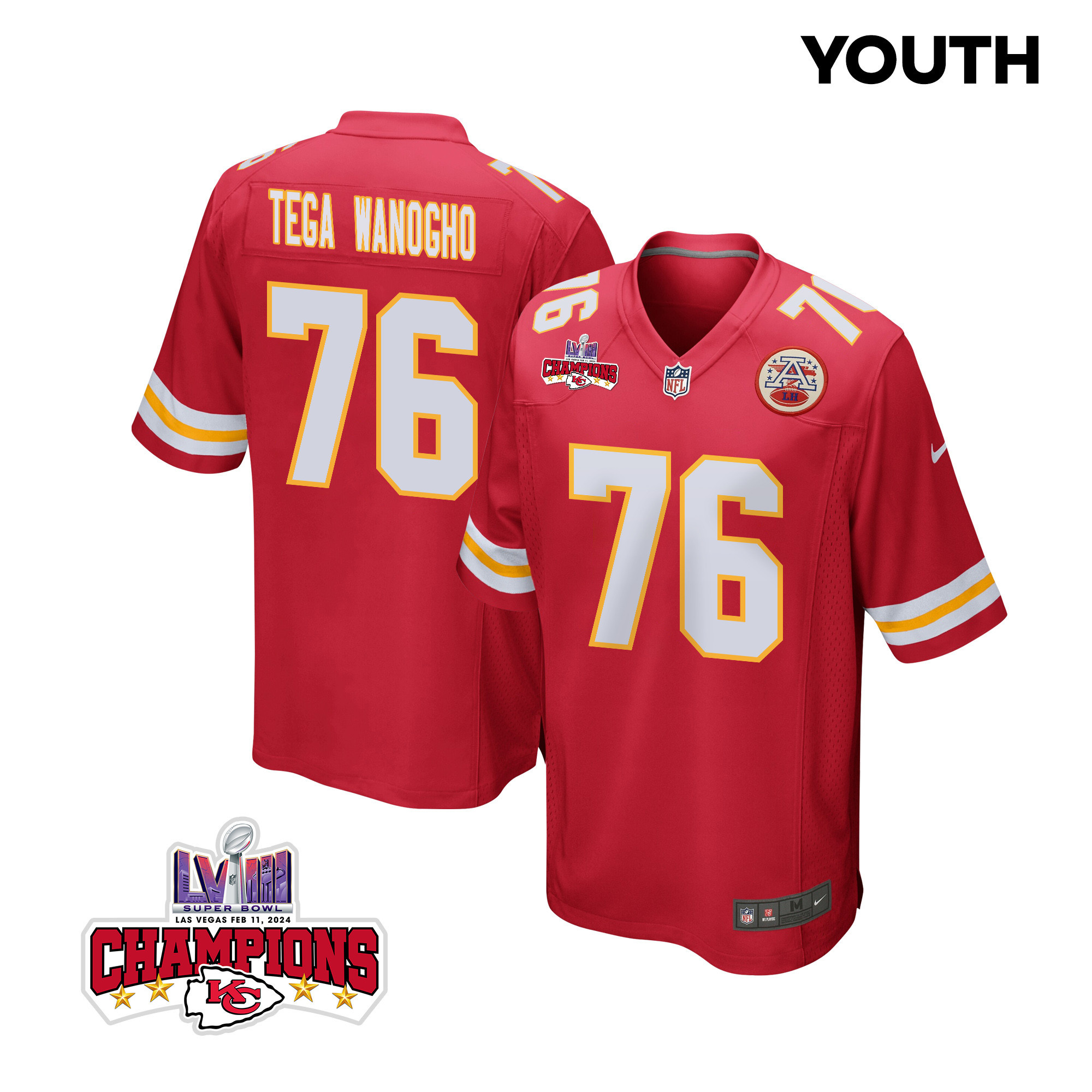 Prince Tega Wanogho 76 Kansas City Chiefs Super Bowl LVIII Champions 4 Stars Patch Game Red NFL Jersey Youth