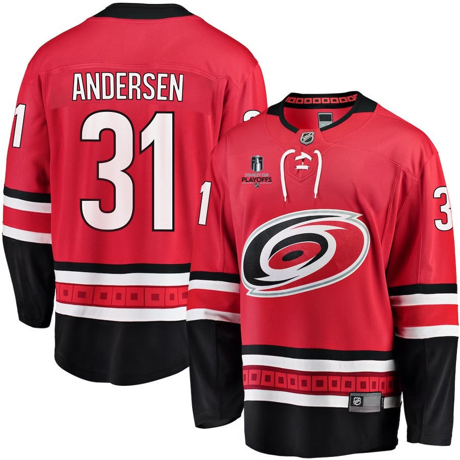 Frederik Andersen 31 Carolina Hurricanes Stanley Cup 2023 Playoffs Patch Home Breakaway Red NHL Jersey Men's