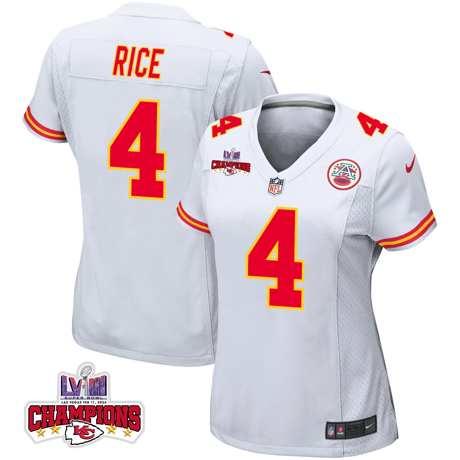 Rashee Rice 4 Kansas City Chiefs Super Bowl LVIII Champions 4 Stars Patch Game White NFL Jersey Women's