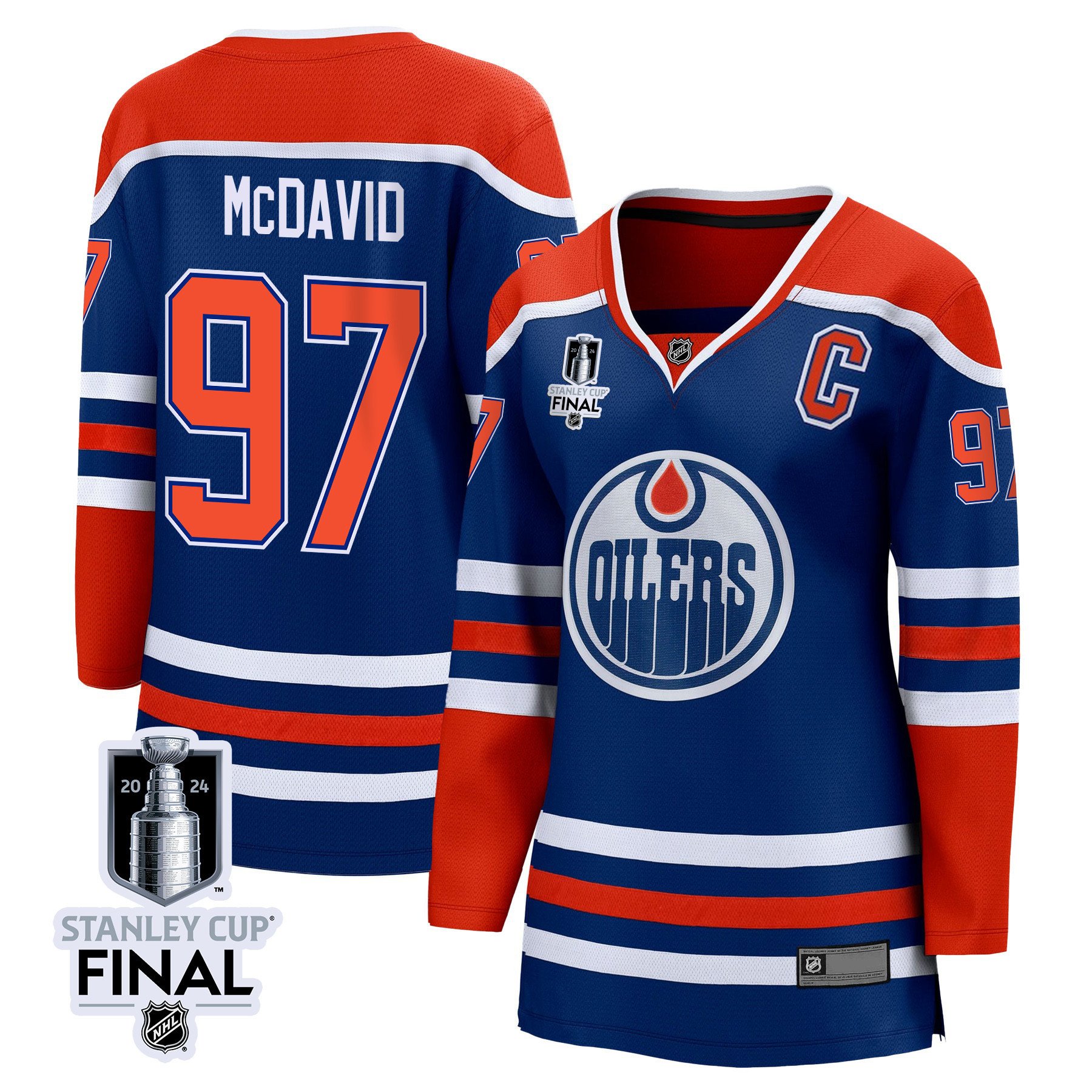 Connor McDavid 97 Edmonton Oilers 2024 STANLEY CUP Final Home Royal NHL Jersey Women's