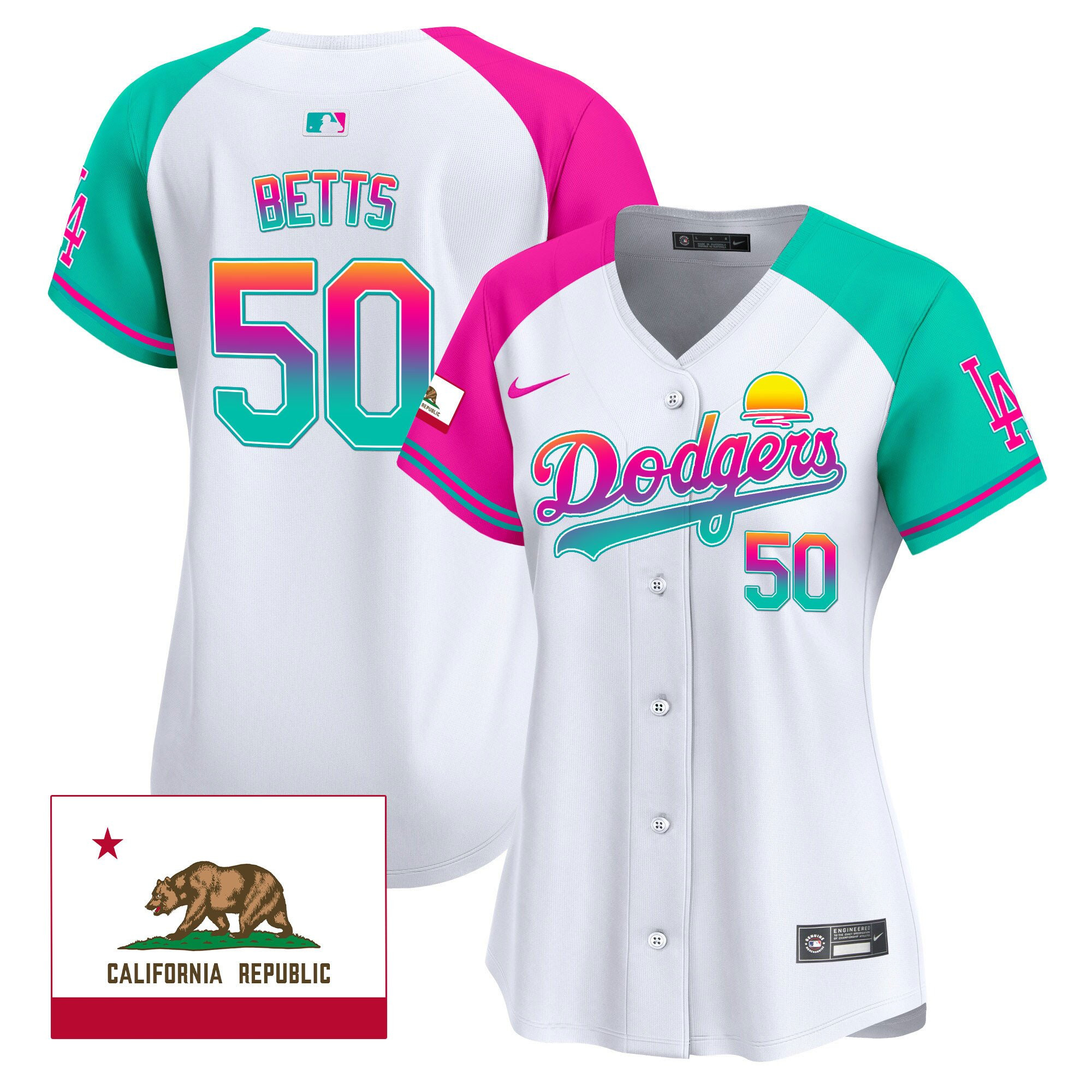Mookie Betts 50 Los Angeles Dodgers 2024 Los Angeles City Style California Republic Patch Alternate MLB Jersey Women's