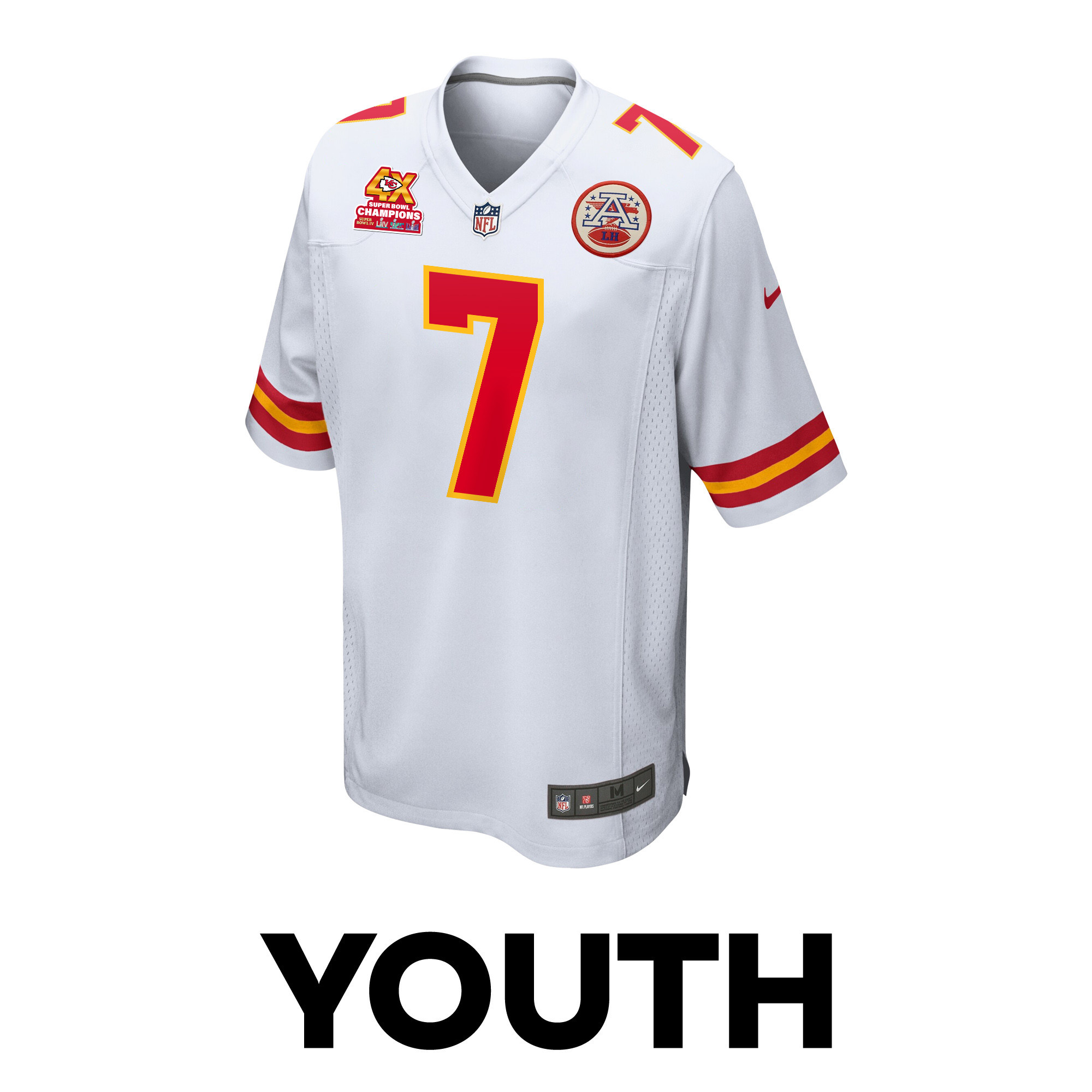 Harrison Butker 7 Kansas City Chiefs Super Bowl LVIII Champions 4X Game White NFL Jersey Youth