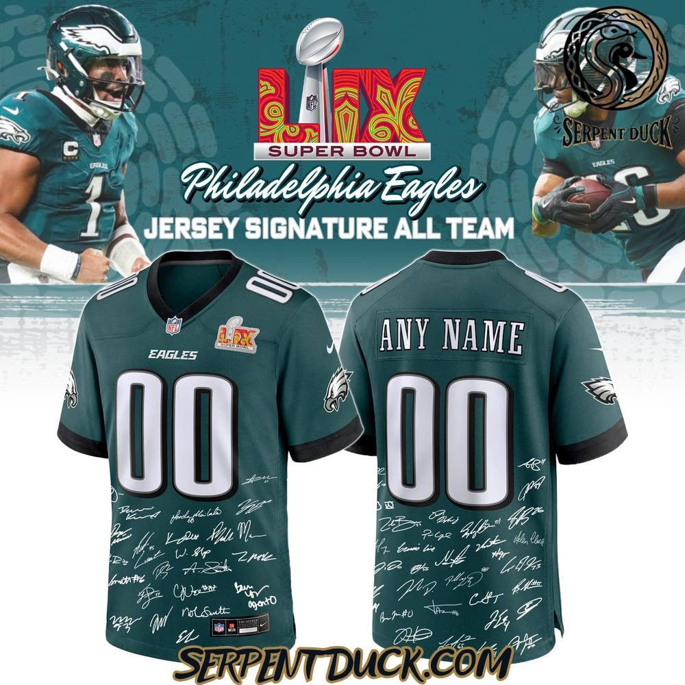Philadelphia Eagles Champions Super Bowl LIX 2025 Signature All Team Custom Game Midnight Green NFL Jersey Men's