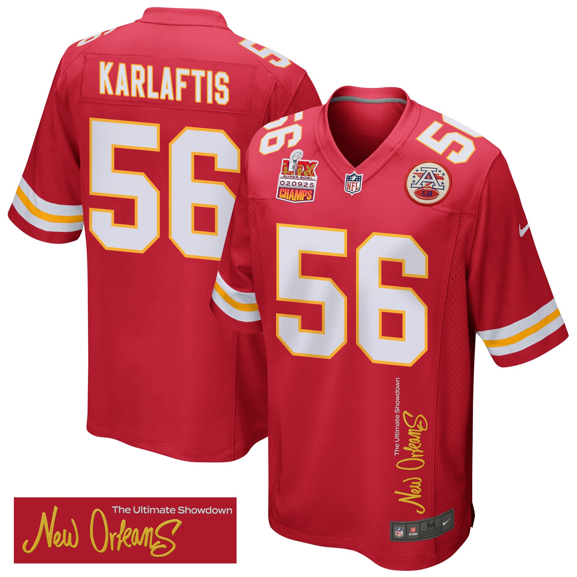 George Karlaftis 56 Kansas City Chiefs Super Bowl LIX Champions Patch New Orleans The Ultimate Showdown' EMBROIDERED Game Red NFL Jersey Men's