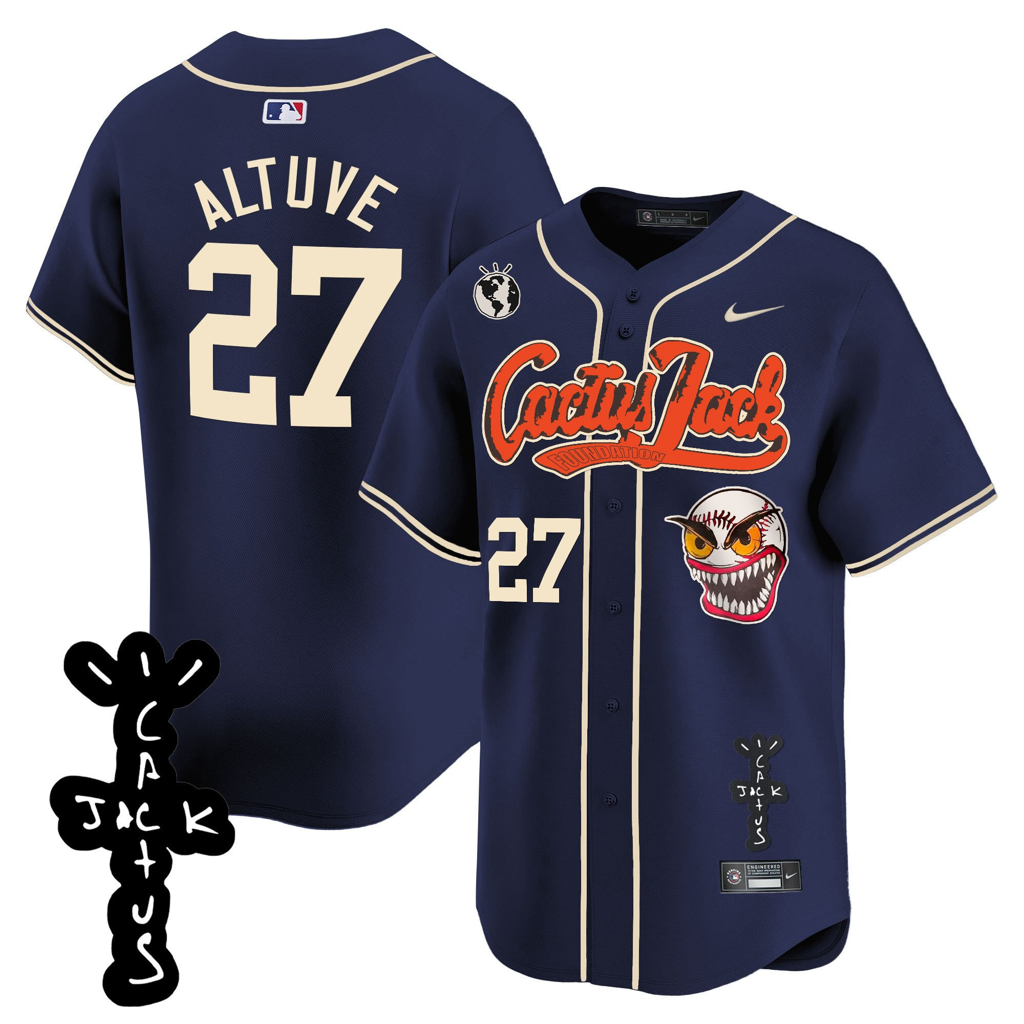 Jose Altuve 27 Houston Astros Cactus Jack Patch V2 Navy MLB Jersey Men's