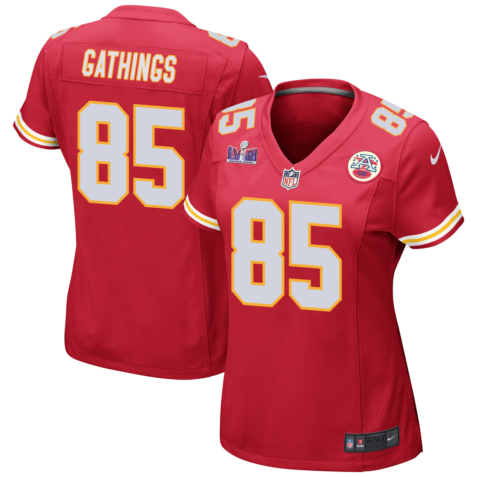 Izaiah Gathings 85 Kansas City Chiefs Super Bowl LVIII Patch Game Red NFL Jersey Women's