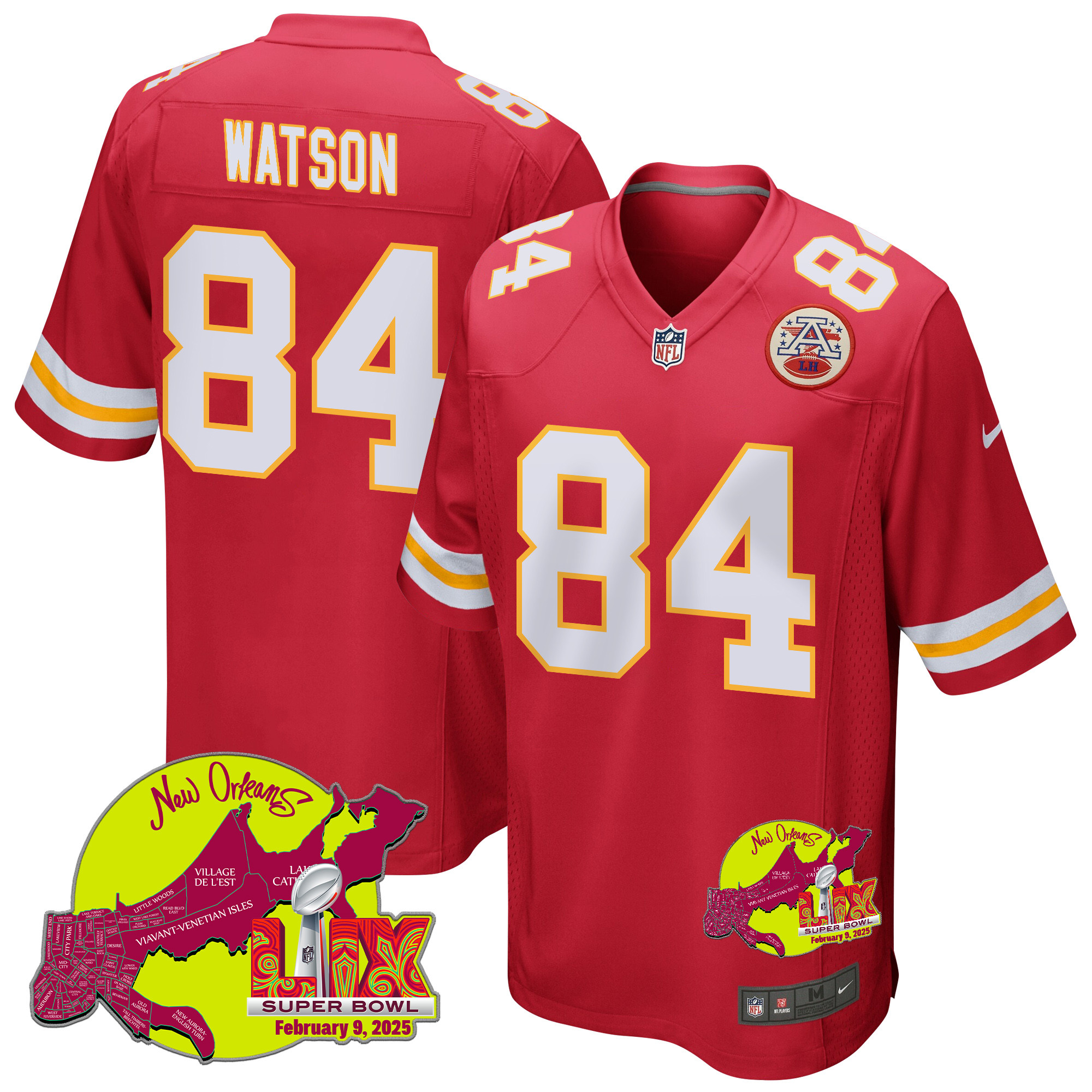 Justin Watson 84 Kansas City Chiefs Super Bowl LIX New Orleans Patch Game Red NFL Jersey Men's