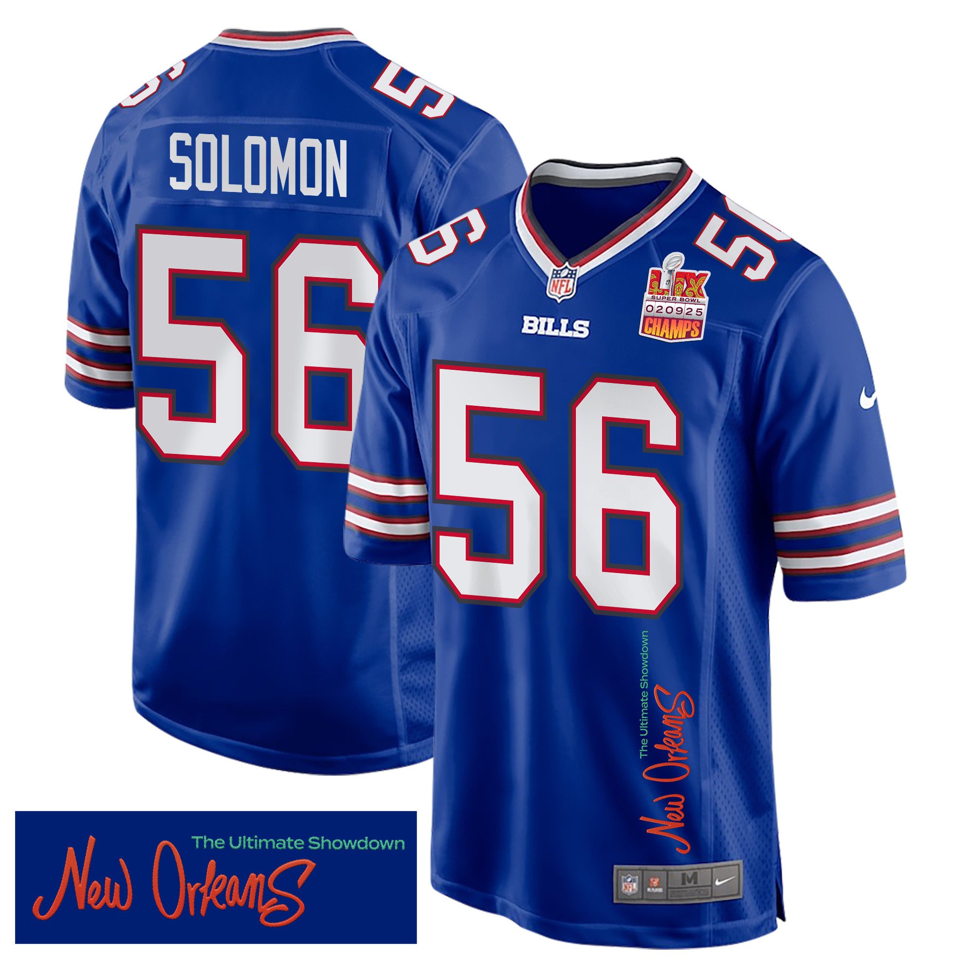 Javon Solomon 56 Buffalo Bills Super Bowl LIX Champions Patch New Orleans The Ultimate Showdown' EMBROIDERED Game Royal NFL Jersey Men's