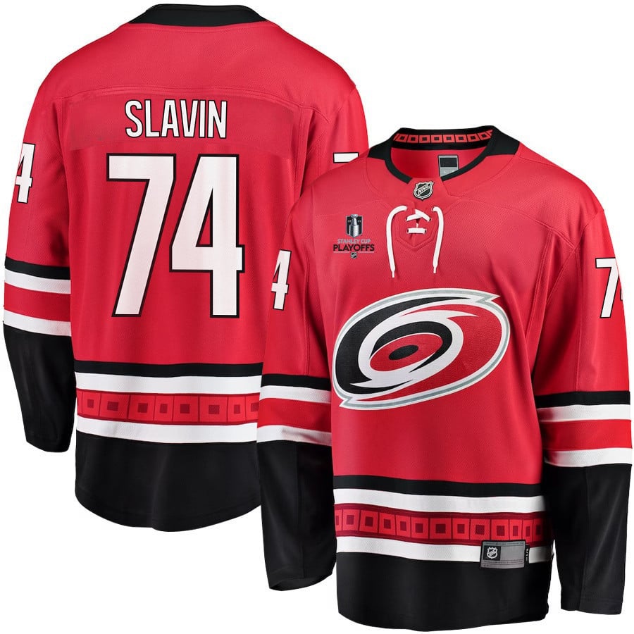 Jaccob Slavin 74 Carolina Hurricanes Stanley Cup 2023 Playoffs Patch Home Breakaway Red NHL Jersey Men's