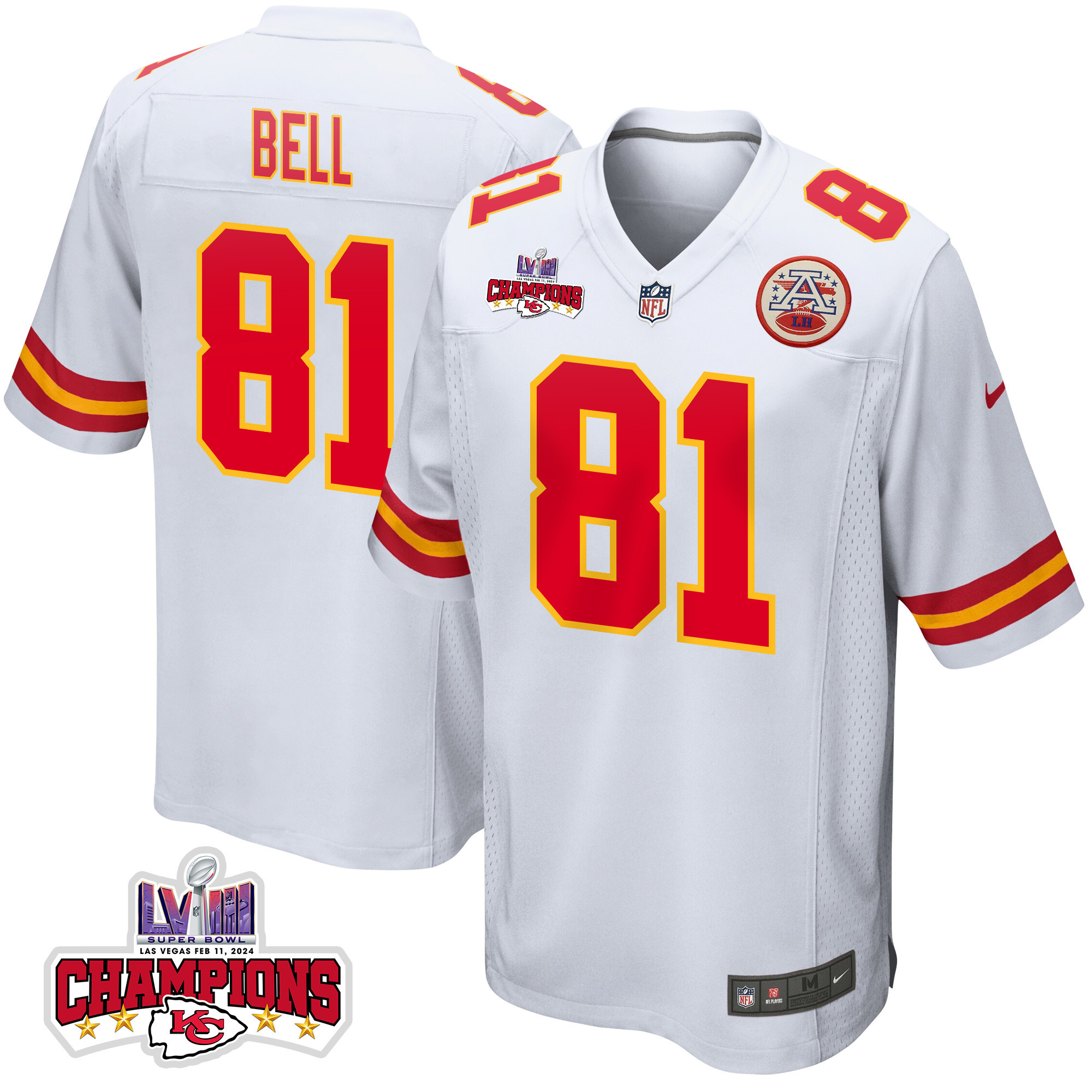 Blake Bell 81 Kansas City Chiefs Super Bowl LVIII Champions 4 Stars Patch Game White NFL Jersey Men's