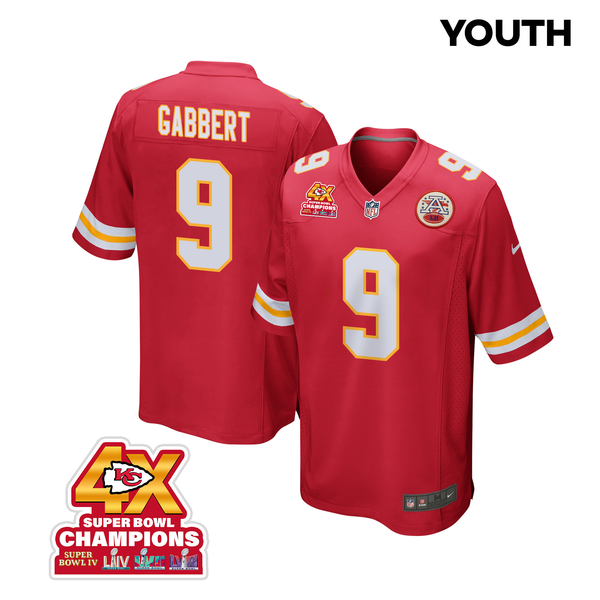 Blaine Gabbert 9 Kansas City Chiefs Super Bowl LVIII Champions 4X Game Red NFL Jersey Youth