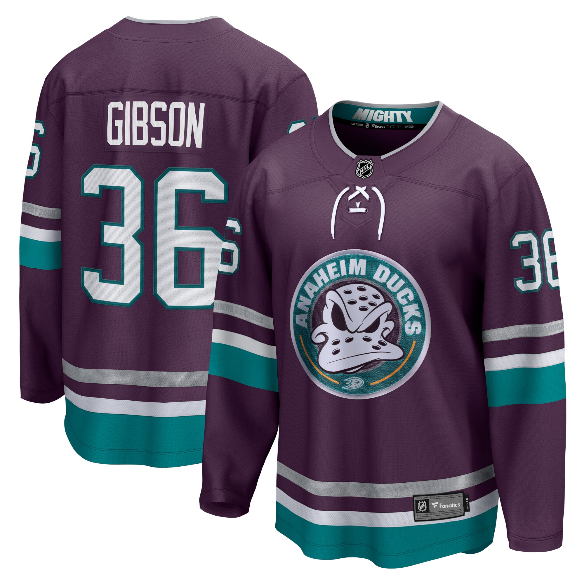 Anaheim Ducks John Gibson Purple 30th Anniversary Premier Breakaway NHL Jersey Men's