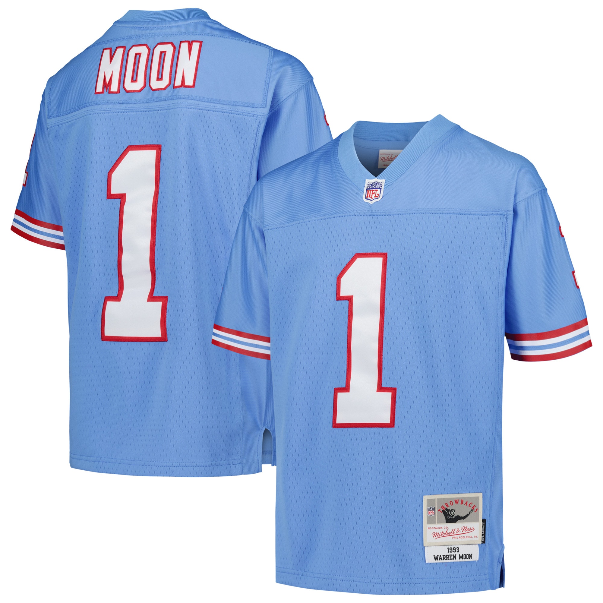 Houston Oilers Warren Moon Mitchell Ness Light Blue Gridiron Classics 1993 Retired Player Legacy NFL Jersey Youth