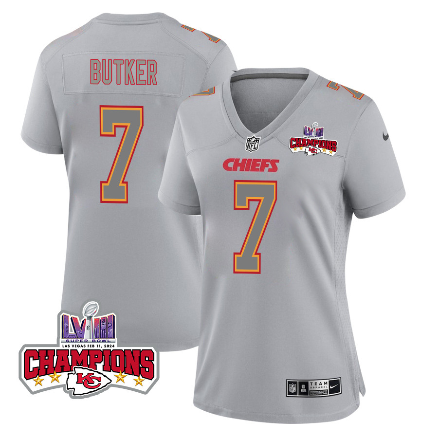 Harrison Butker 7 Kansas City Chiefs Super Bowl LVIII Champions 4 Stars Patch Atmosphere Fashion Game Gray NFL Jersey Women's